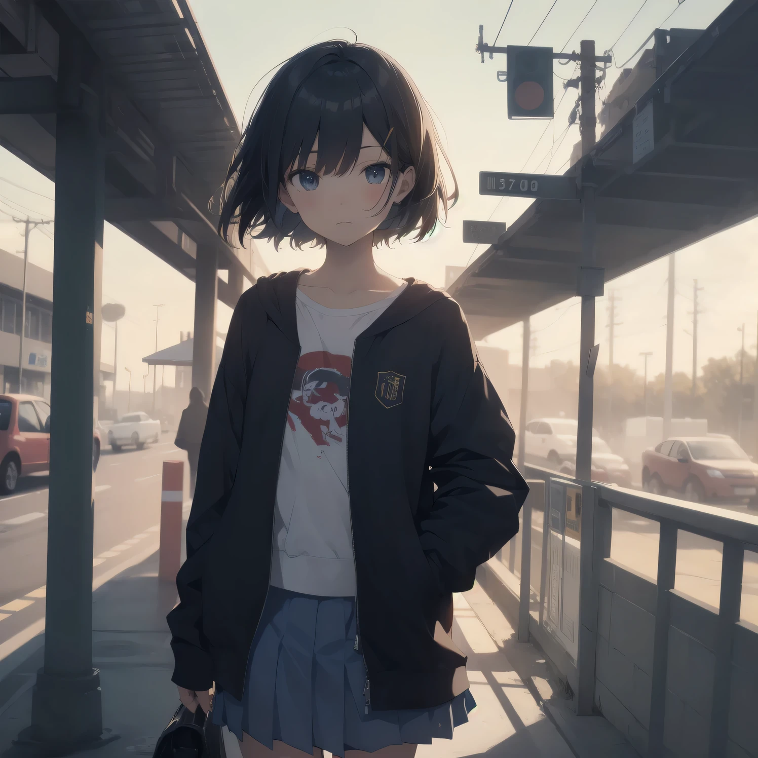 ultra-absurdres-Top quality by art God, ultra-detailed, high resolution, anime moe artstyle, best anime 8k konachan wallpaper, pixiv contest winner, perfect anatomy,break, 1girl, (Please draw a girl walking sleepily to school alone. )break,(Solo,little female, 13-year-old:1.3),Full limbs, complete fingers,a junior high school student, Attractiveness of immature bodies, (very short hair), short cut, flat chest, , small butt, small black eyes, beautiful detailed eyes, well-proportioned iris and pupils, expressive eyes, highres detailed hair, soft expression, school_uniform, pleated skirt,(Detailed Lighting), (Detailed background), in the School commute route. break,super detailed skin, Best cinematic lighting powered by famous artist, 8k,beauty illustration,photoshop_(medium),very aesthetic,break,((artist:core )), artist:fukahire_(ruinon) ,artist:akinashi yuu ,artist:oyari ashito ,