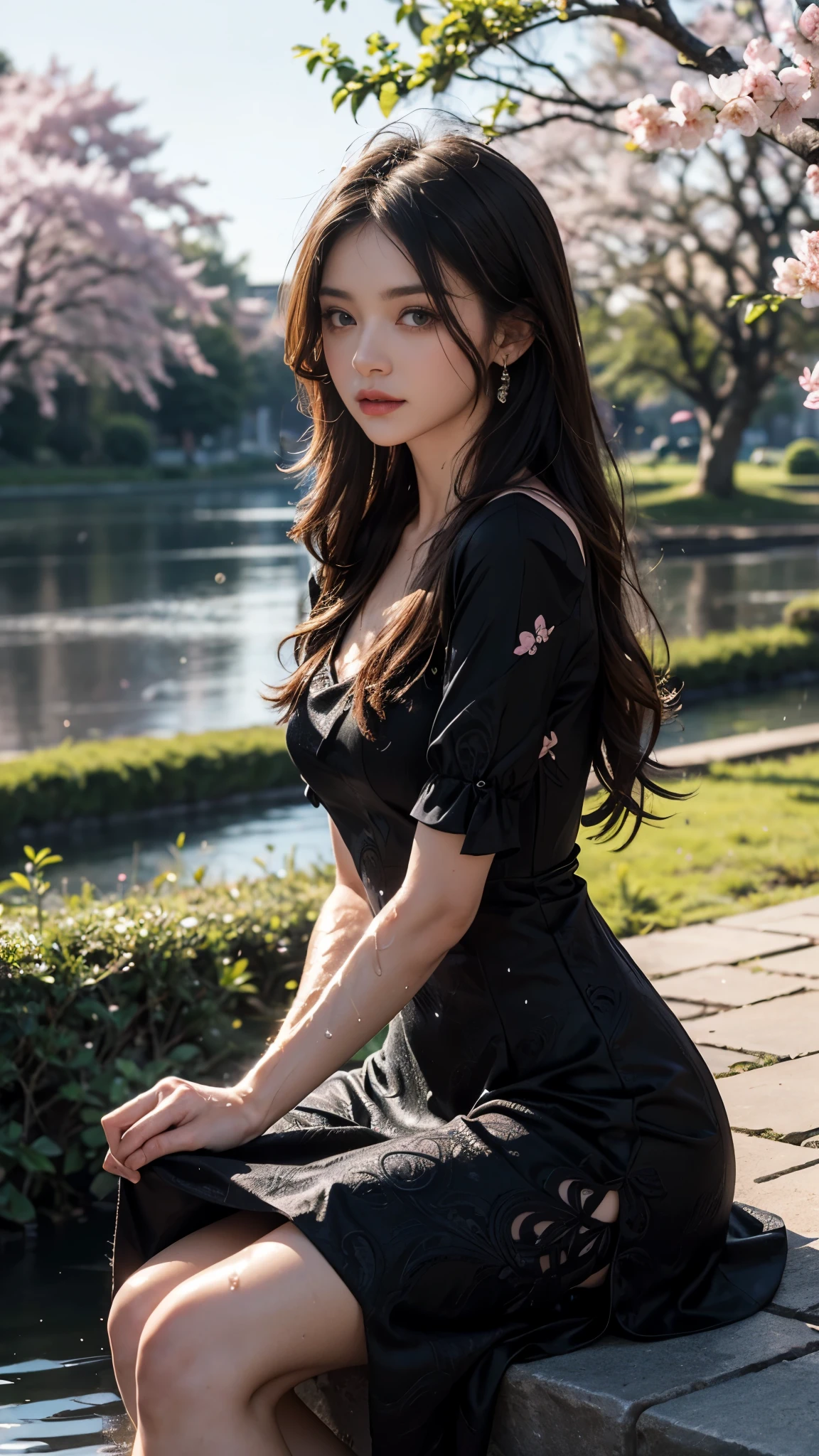 4k, ultra hd, masterpiece, 1 girl, serious face, detailed eyes, very long hair, (flare dress:1.5), (black flare dress:1.5), paisley white print, (jwellery:1.5), bere waist, in the garden, cherry blossom, rain:1.5, (water:1.5), sitting,