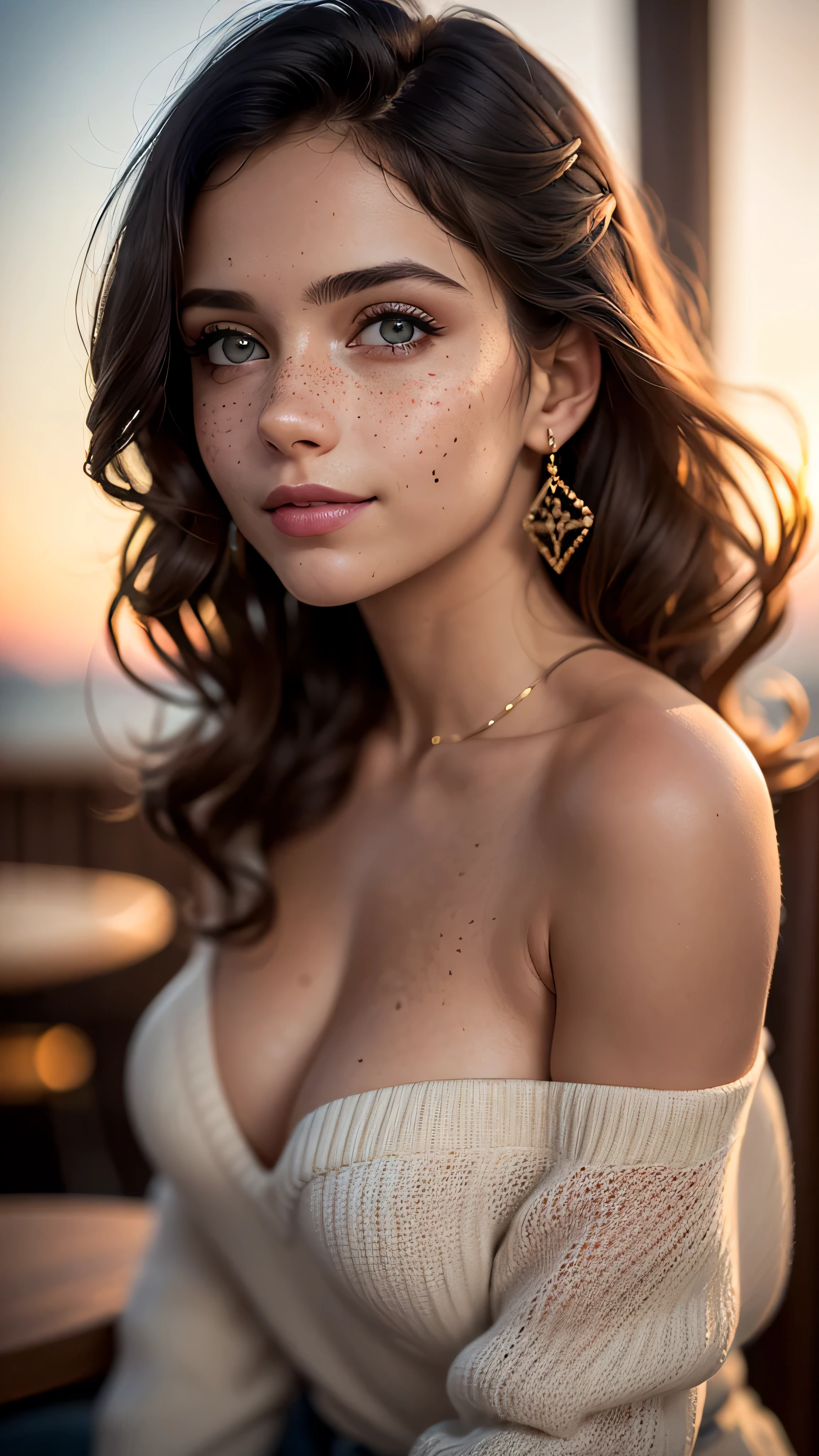 (masterpiece), (extremely intricate:1.3), (realistic), (((portrait, closeup)), joyful, smiling) short curly Ginger barbie girl, cleargreen eyes, leaning forward, loose blue knit sweatshirt off shoulder, cafe, far away crowd, bokeh, freckles:0.4, dimple:1.2, (((tanned skin))), medium breasts, upper body, outdoor, intense sunlight, professional photograph of a stunning woman detailed, (sharp focus, dramatic, award winning, cinematic lighting, volumetrics dtx, (film grain, blurry background, blurry foreground, bokeh, depth of field, sunset, interaction), 8K