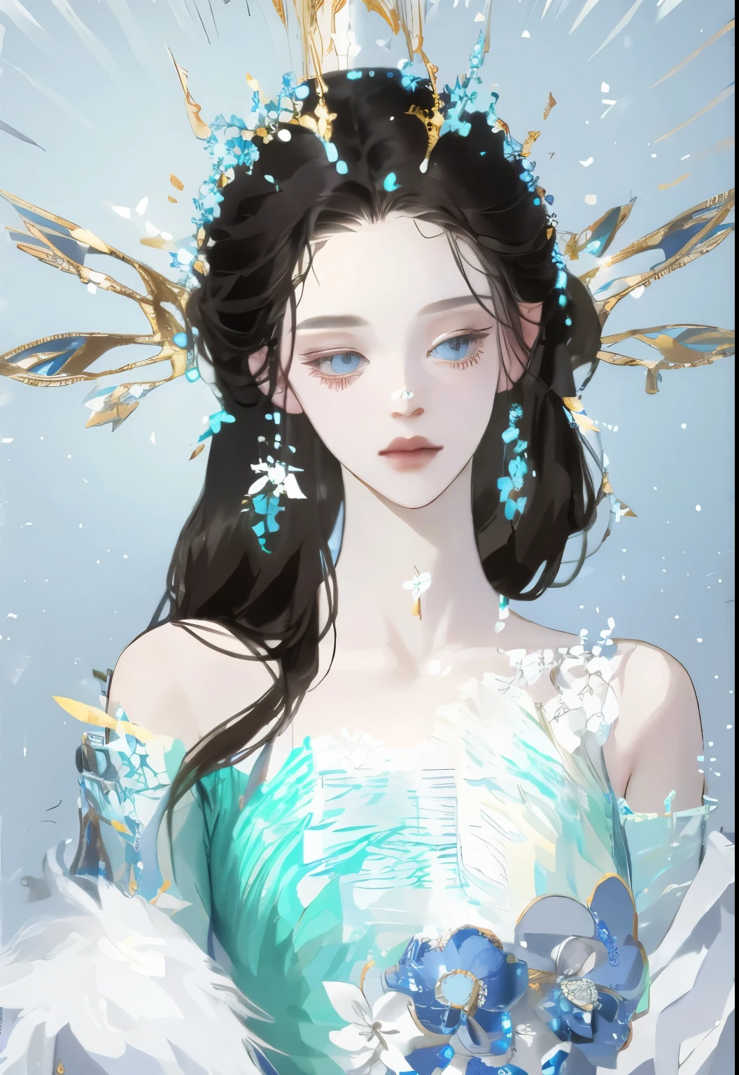 1 girl, transparent water, blue butterfly, pure white gauze skirt, sparkling