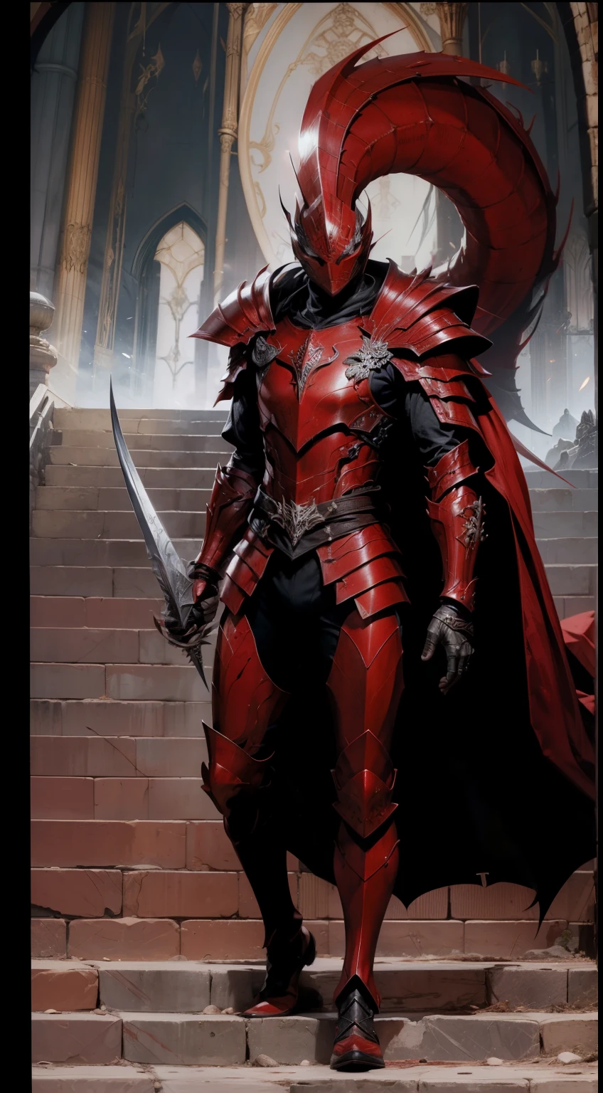 um desenho animado de um homem de armadura descendo um lance de escadas, armadura vermelha, blood armadura vermelha, draconic-looking armor, Red Demon Armor, armadura prateada e roupas vermelhas, traje carmesim, armadura de cor preta e avermelhada, wearing witch blade armor, armadura samurai completa do homem aranha, tor da maravilha, mulher aranha!!!!!, Armadura Refletida Preta e Vermelha, armadura de couro vermelha skintight