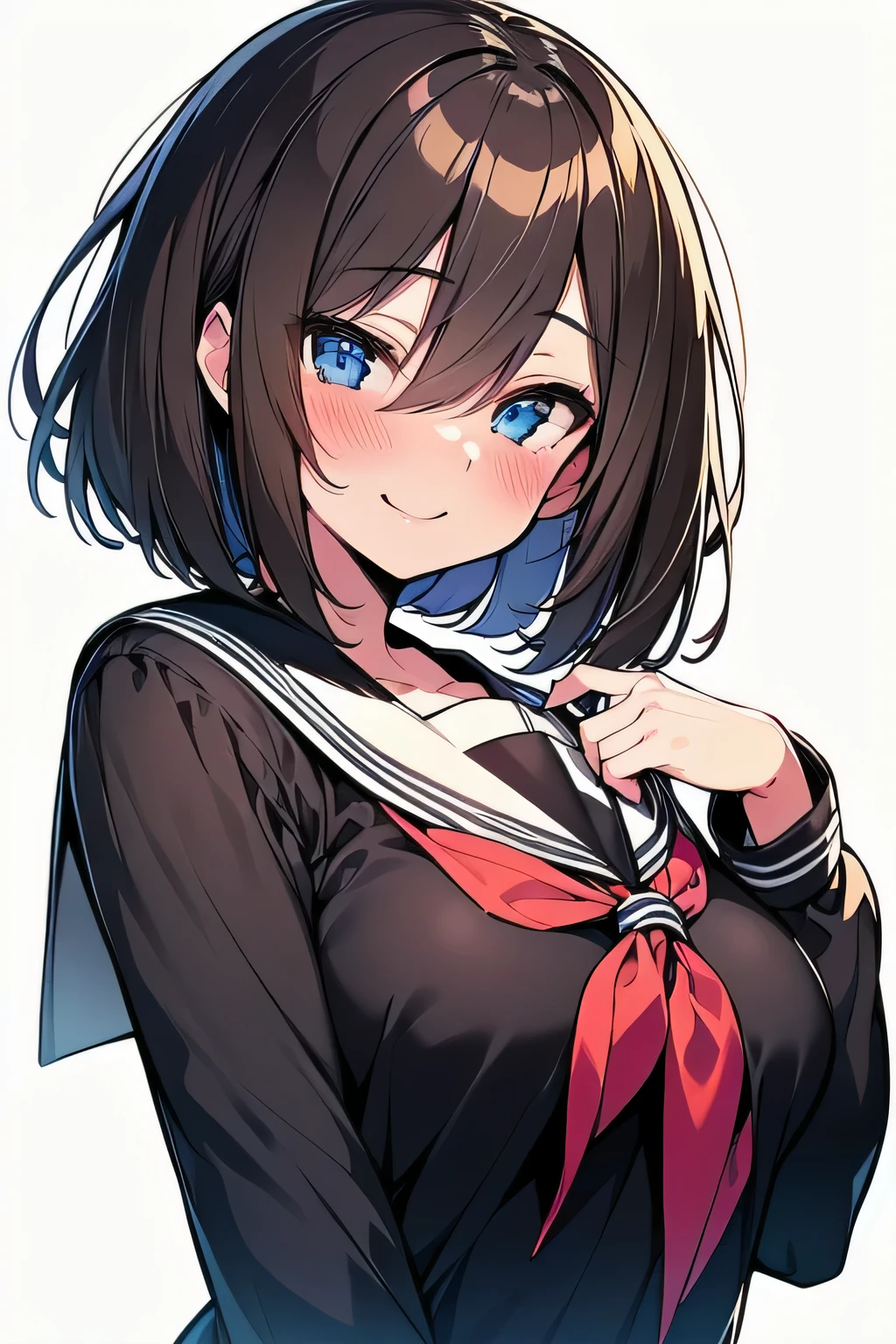 (best quality), (Super detailed), (Best Illustration), ((beautiful girl)), look at viewer, from front, upper body, (long sleeve, white serafuku), ((beautiful medium breasts)), curvy body, ((seductive smile)), blush, brown hair, (bob cut), messy hair, curvy hair, hairs between eyes, blue eyes, white background