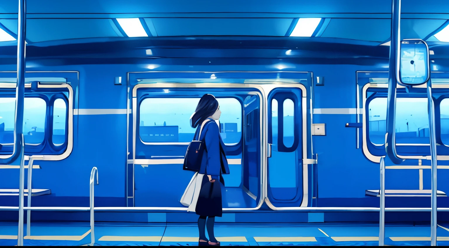 A woman in a blue coat standing on a train platform, looking at her mobilephone.