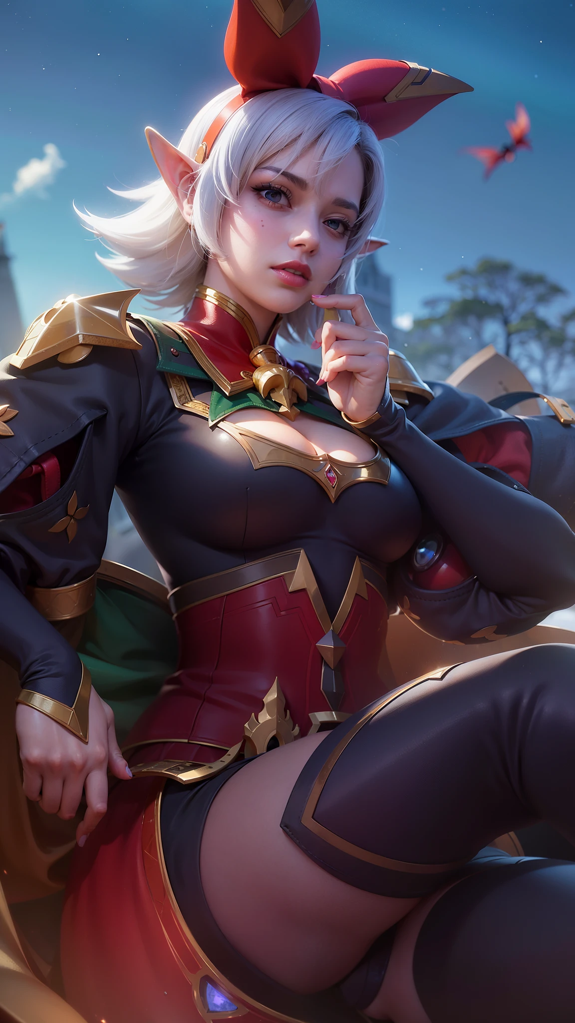 (female:1.2), 8k, ultra hd, ultra detailed texture, hyper realistic, masterpiece, detailed texture, detailed face, detailed skin, detailed lighting, (photorealistic:1.5), best quality, beautiful lighting, cinematic lighting, professional lighting, ultra highres, realistic, detailed hair, real hair, high quality, (realskin:1.5), extremely detailed, finely detail, ultra-detailed, 1girl, solo, floating, (yellow eyes), glowing eyes, red lips, v-shapped eyes, closed mouth, angry, colored skin, dark skin, purple skin, nose, pretty, beautiful, make up, evil smile, short hair, white hair bangs, large breasts, thigh, pauldrons, black pants, belt, purple coat, mechanical wings, armor shoulder, gloves, eudora \(mobile legends\), depth of field, looking aways, skin tight, amazing pose, glowing electric, lighting, cinematic background, elf ear