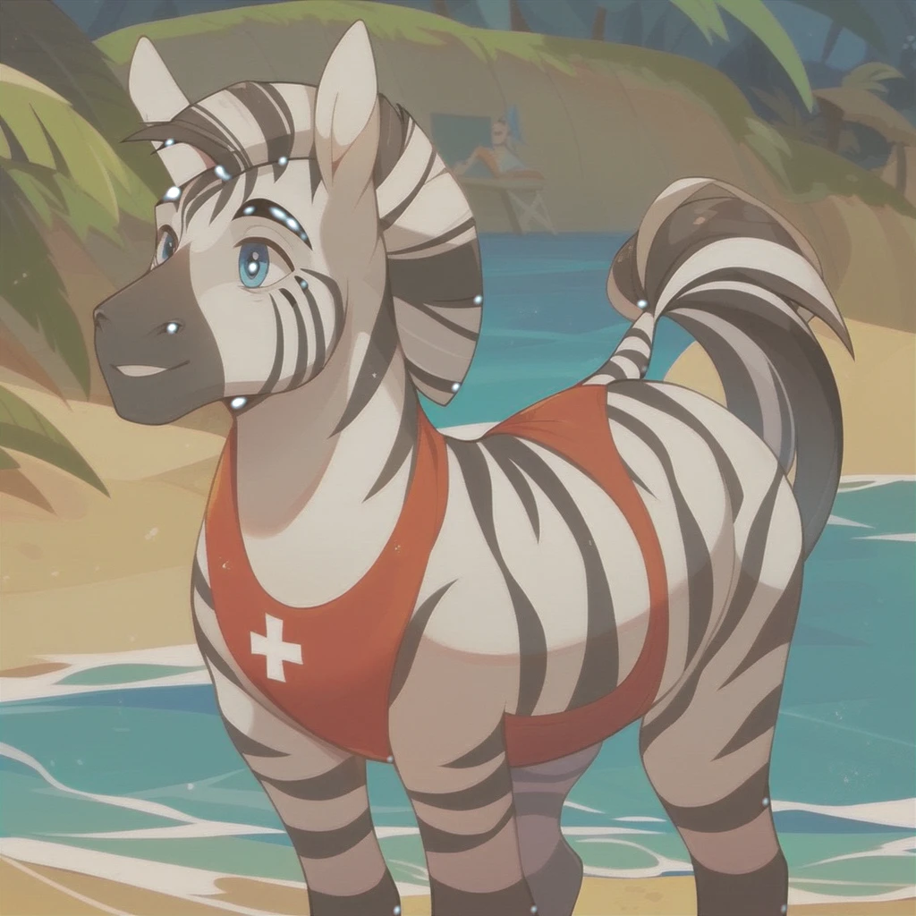 score_9, score_8_up, score_7_up, score_6_up, score_5_up, score_4_up, feral pony, male pony, (zebra), blue zebra stripes, white body, long hair ponytail, detailed bright blue eyes, grey skin, grey fur, facial mark, (zebra stripes body), two-tone hair, multicolored hair, bangs, at beach, show accurate, oc, original character, wearing lifeguard swimsuit