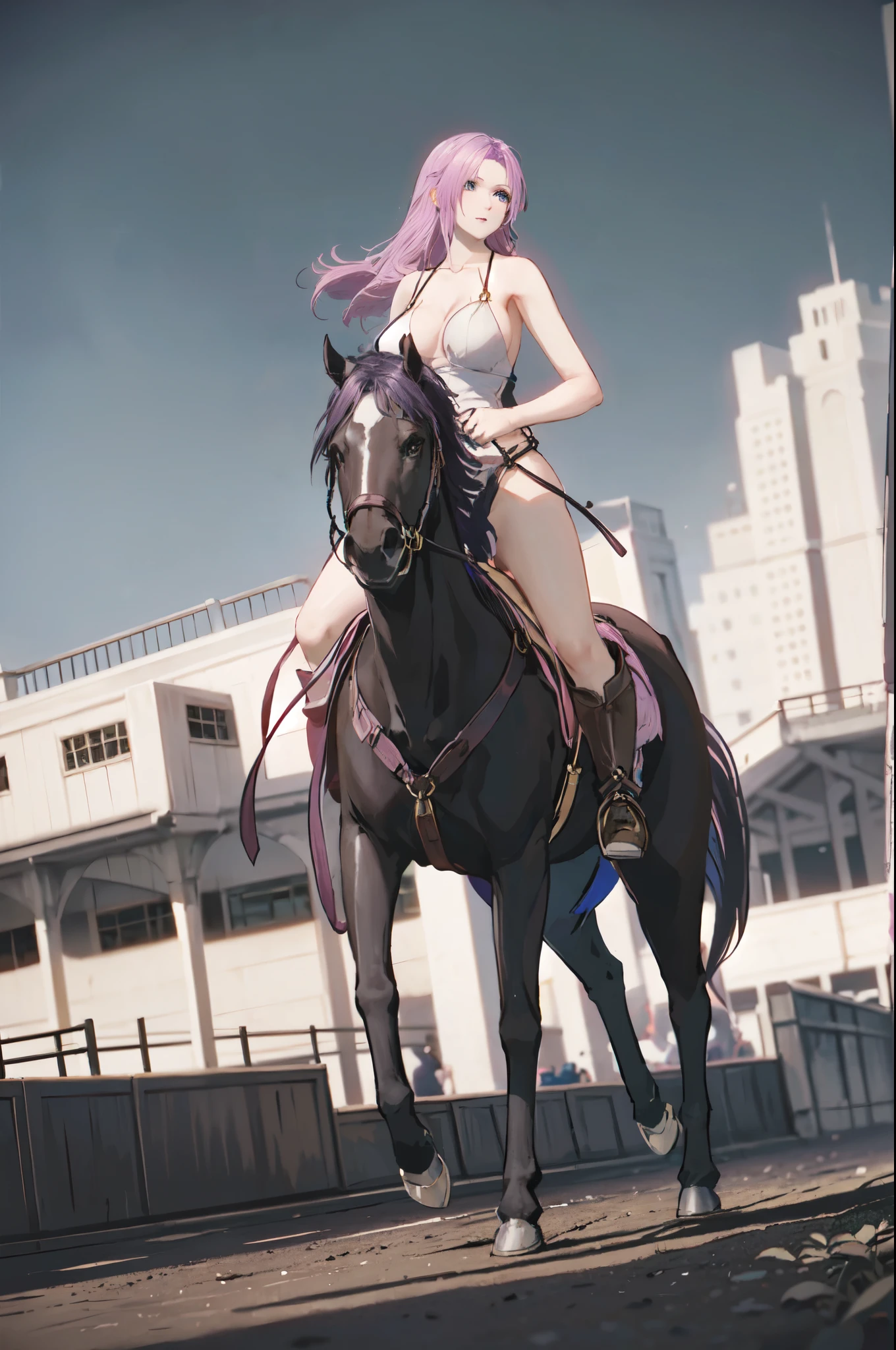 4k, masterpiece, solo, pink hair, green eyes, large breast, riding on a white horse, FULL BODY, female knight, (brown horse: 1.0, brown mane, bridle, saddle, stir ups, reins: 1.2), ((running)), (white armor, black miniskirt, black boots), grassland, fantasy settings, anatomically correct, anime style