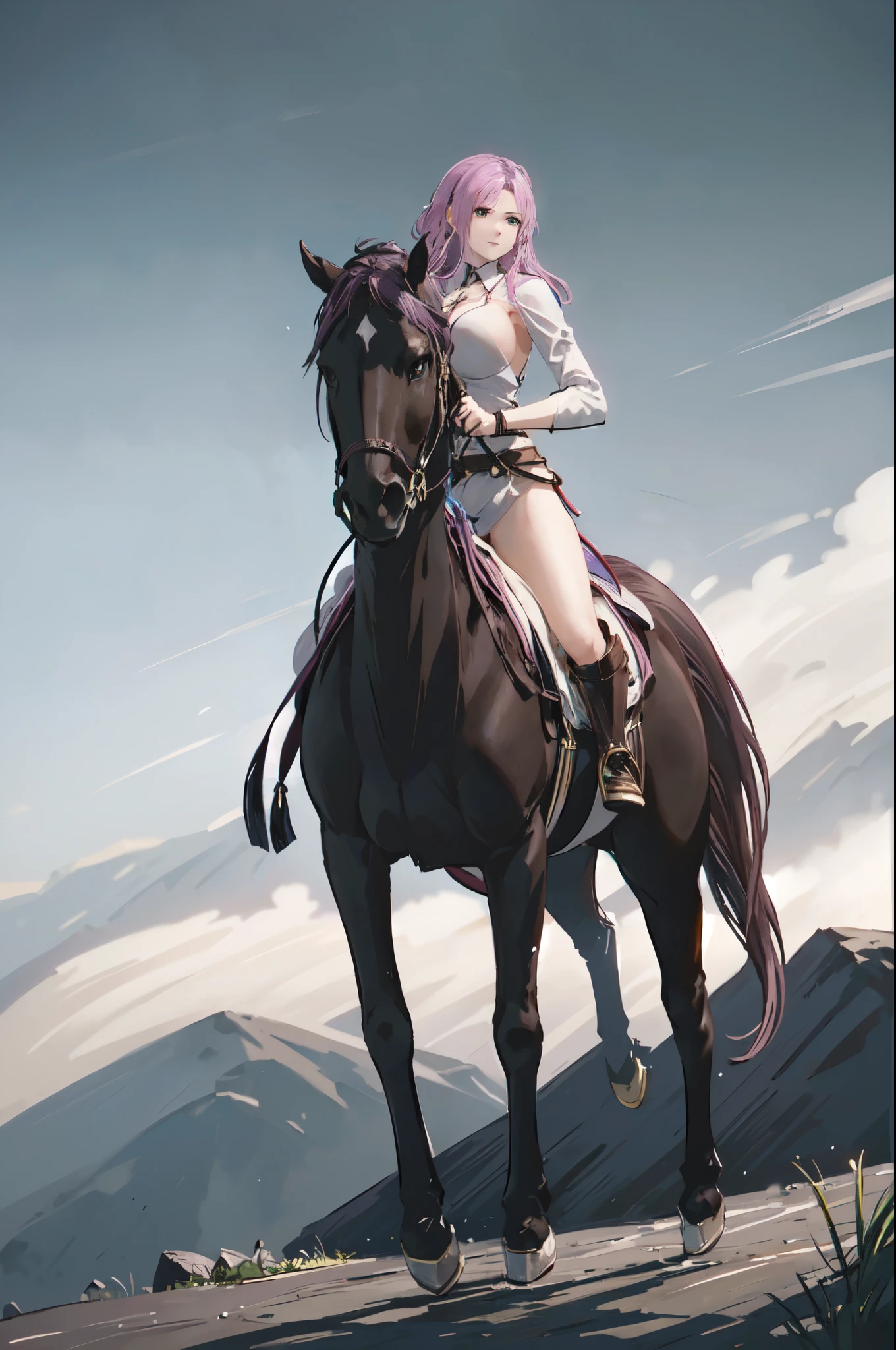 4k, masterpiece, solo, pink hair, green eyes, large breast, riding on a white horse, FULL BODY, female knight, (brown horse: 1.0, brown mane, bridle, saddle, stir ups, reins: 1.2), ((running)), (white armor, black miniskirt, black boots), grassland, fantasy settings, anatomically correct, anime style
