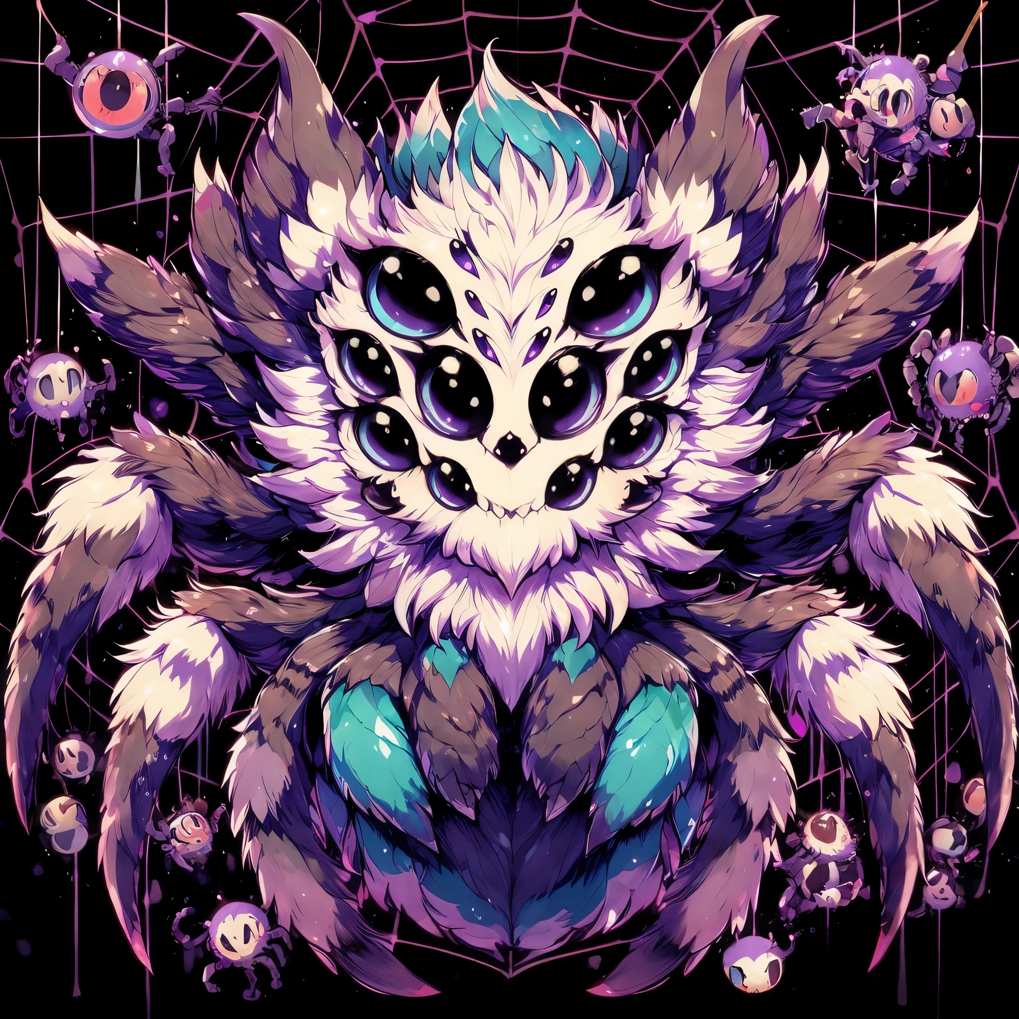 Female Dragon.spider element. Furry. Compound eye. yandere expression. double teeth. purple color. insect fung. spider web pattern wing. Anime style.