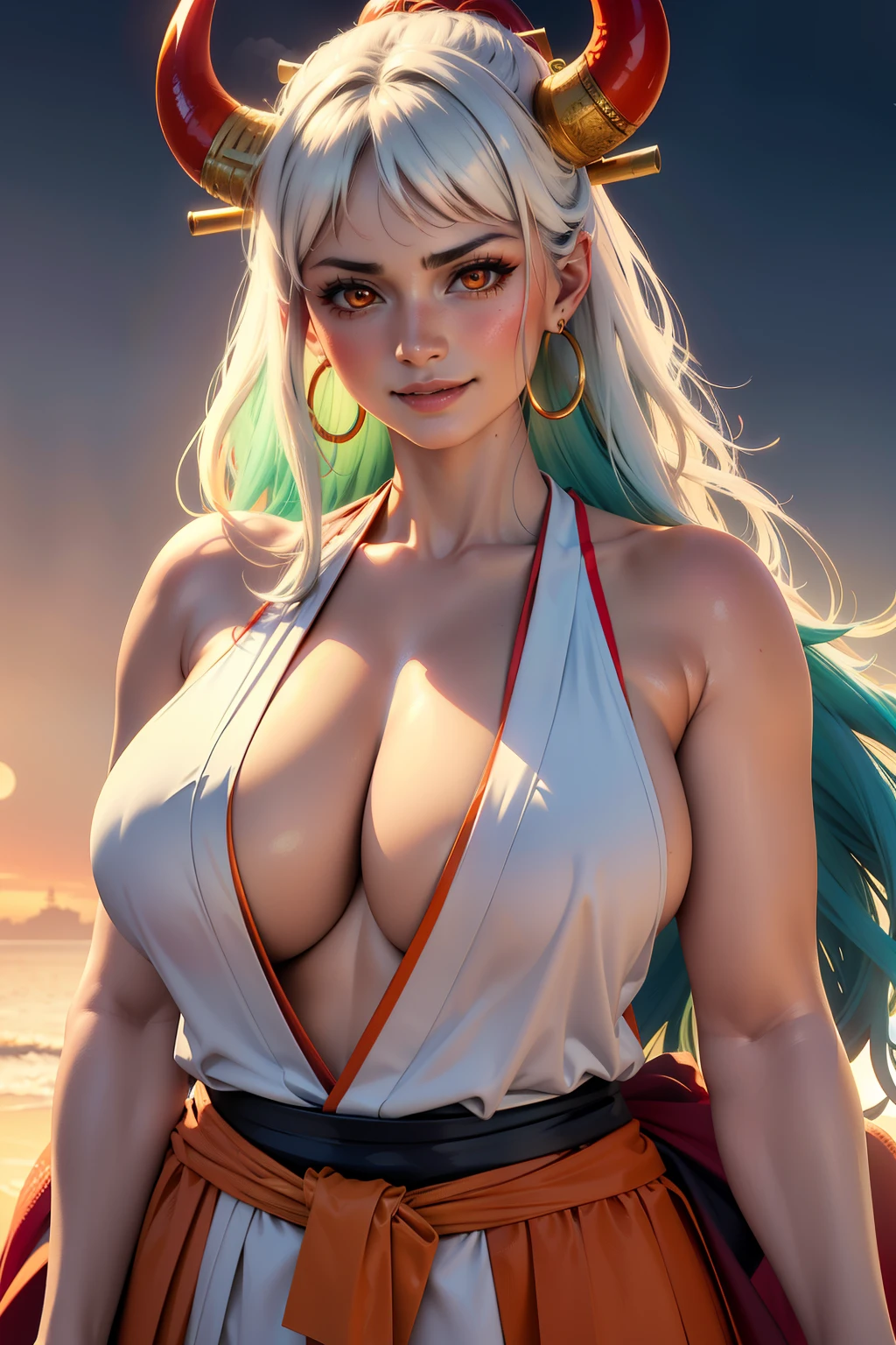 ultra realistic 8k cg, masterpiece, ((ultra detailed background, delicate pattern, intricate detail)), (highly detailed, fine details), best quality, (photorealistic:1.4),beautiful lighting,  absurdres, RAW photo, film grain, ((Big breasts, Masculine girl)), Yamato, long hair, 1girl, horns, white hair, solo, oni, red horns, curled horns, hair ornament, (multicolored horns), jewelry, earrings, japanese clothes, kimono, hair stick, sleeveless, bare shoulders, aqua hair, sidelocks, hoop earrings, hakama, smile, wide smile, ((orange eyes, Masculine girl, Big breasts)), (complex detailed background, barren land, moon, portrait, close-up),