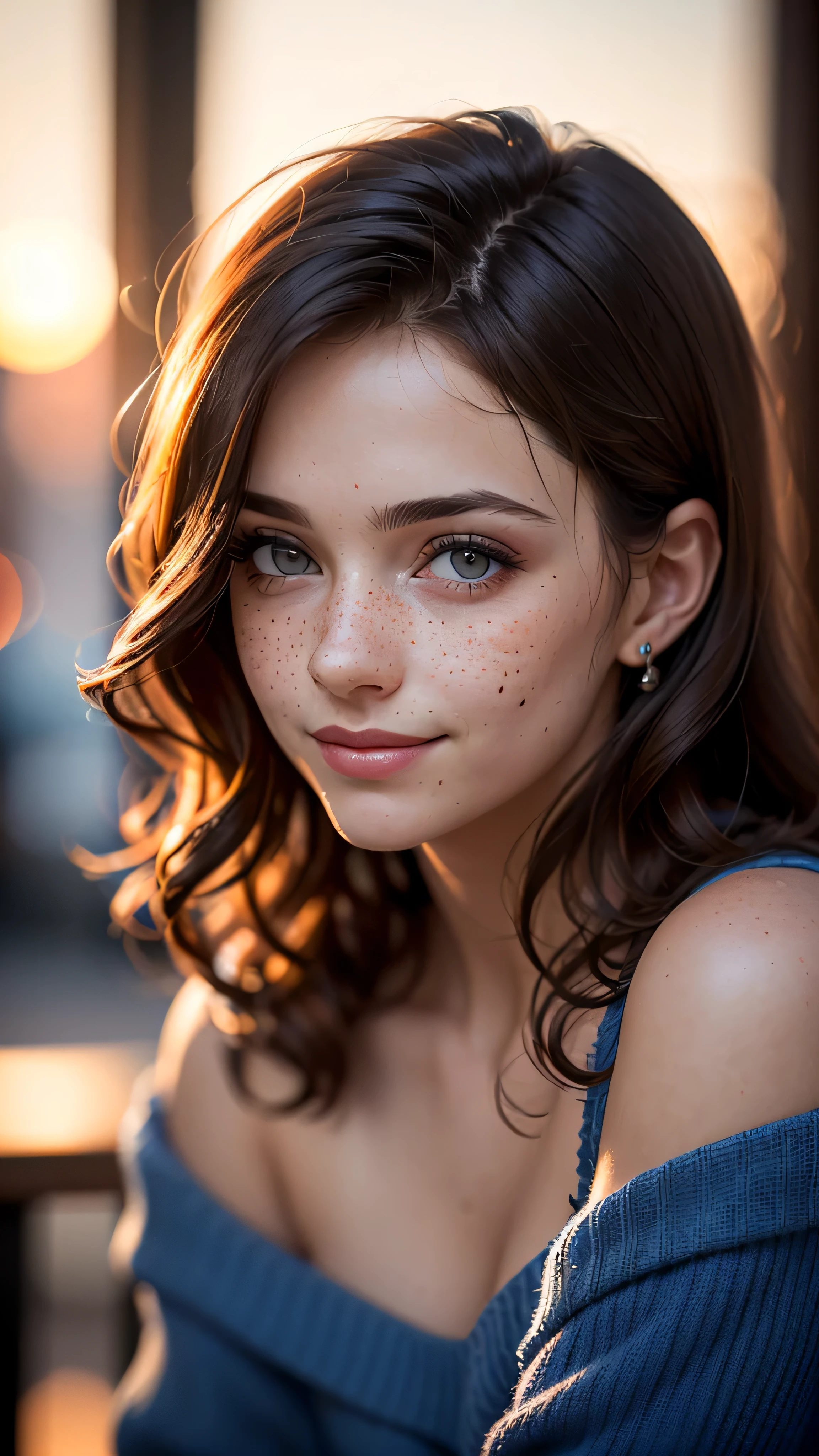 (masterpiece), (extremely intricate:1.3), (realistic), (((portrait, closeup)), joyful, smiling) short curly Ginger girl, cleargreen eyes, leaning forward, loose blue knit sweatshirt off shoulder, cafe, far away crowd, bokeh, freckles:0.4, dimple:1.2, ((tanned skin)), small breasts, upper body, outdoor, intense sunlight, professional photograph of a stunning woman detailed, (sharp focus, dramatic, award winning, cinematic lighting, volumetrics dtx, (film grain, blurry background, blurry foreground, bokeh, depth of field, sunset, interaction), 8K