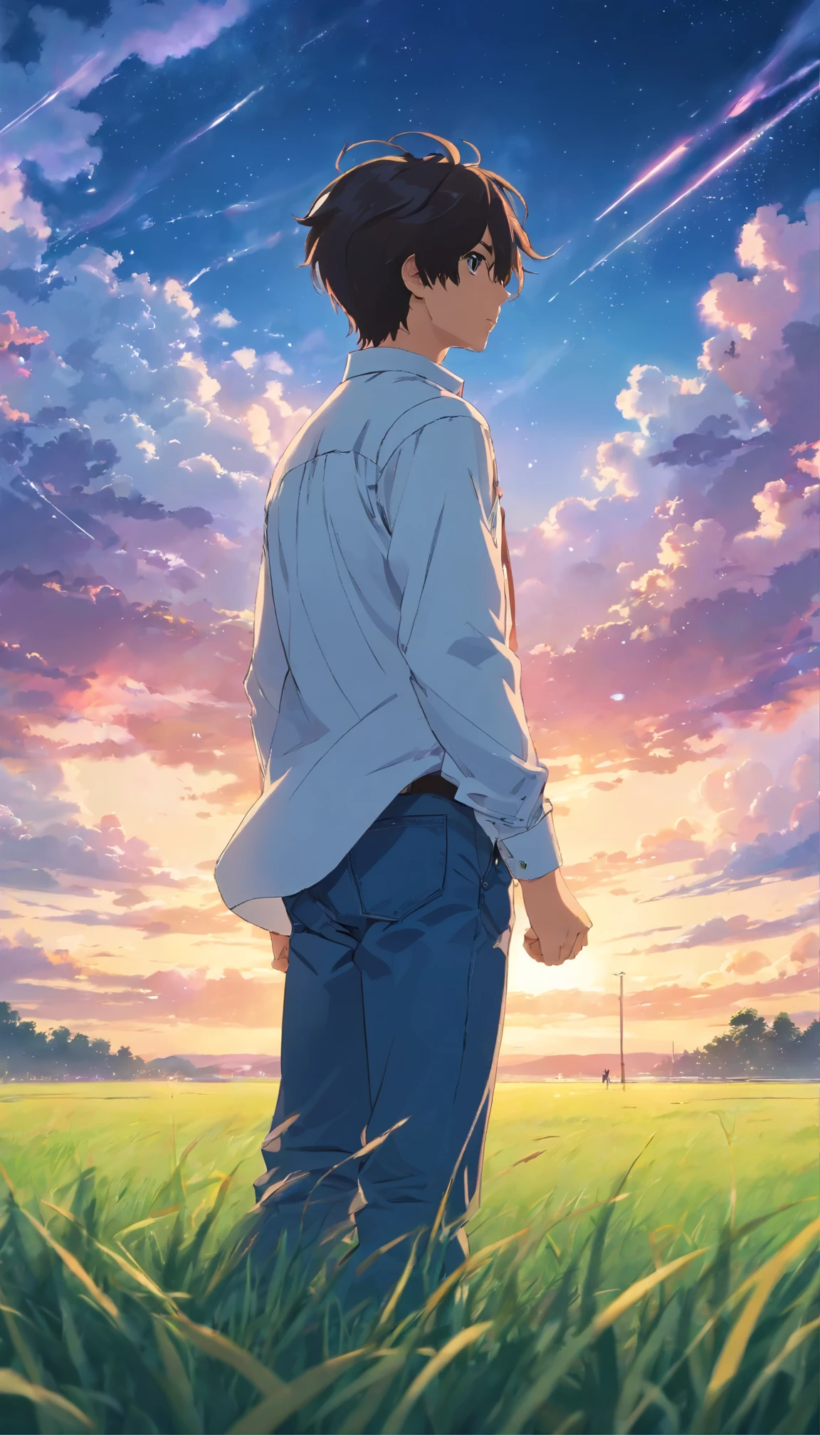 vast sky, beautiful skyline, wide grassland, A very tense and dramatic photo, moving visual effects, high polaris, colorful natural shine. Rear view of a man wearing a long-sleeved white shirt and denim,,high school boy