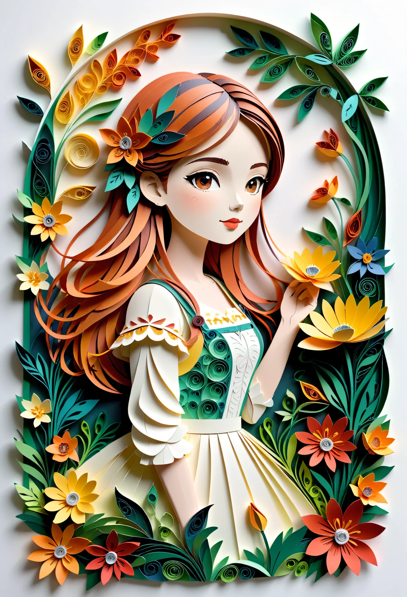 (paper art，layered paper art，paper quilling, Paper cutting art), against a pure white background, garden girl，(high detail, masterpiece, highest quality, UHD)