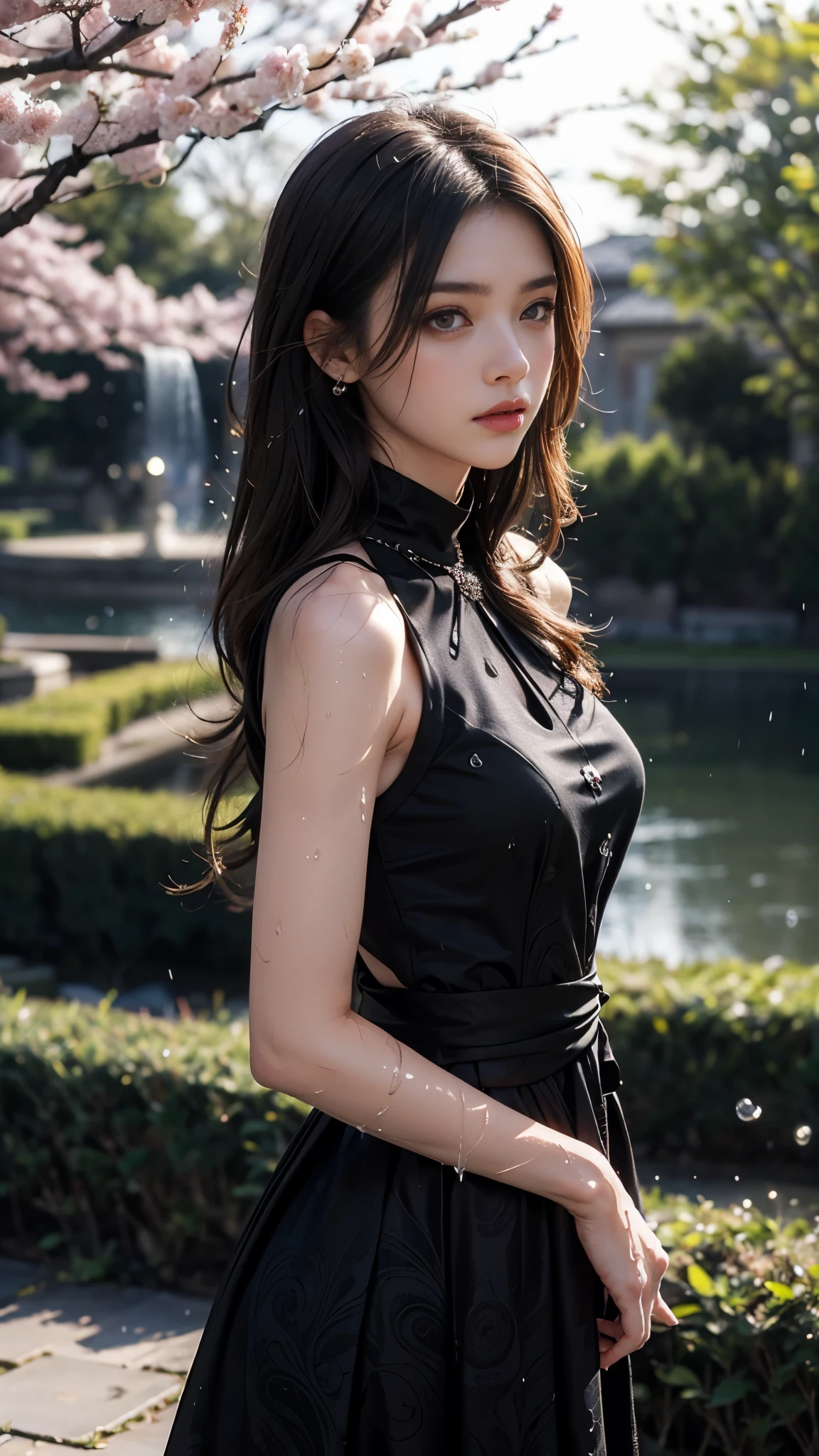 4k, ultra hd, masterpiece, 1 girl, serious face, detailed eyes, very long hair, (flare dress:1.5), (black flare dress:1.5), paisley print, (jwellery:1.5), bere waist, in the garden, cherry blossom, rain:1.5, (water:1.5),