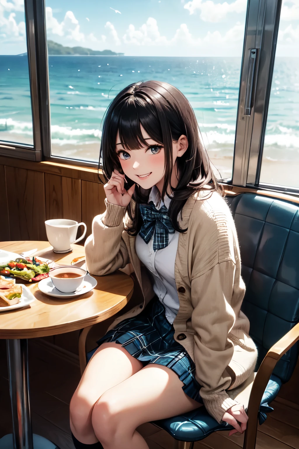 very cute and beautiful girl sitting on chair of cafe,(highly detailed beautiful face),
white blouse,laugh,happy,(beige cardigan:1.2) BREAK zettai ryouiki,black hair,
(blue plaid mini skirt:1.2),(cups of tea),(sandwiches on plate),(salad in bowl),window,ocean view,
(best quality,masterpiece:1.0),absurdres,highres,ultra-detailed,extremely detailed,32k,8k resolution,
intricate details,cinematic scene,detailed background,solo,dynamic angle,