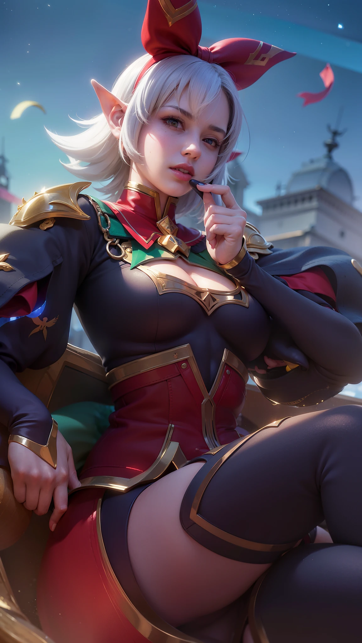 (female:1.2), 8k, ultra hd, ultra detailed texture, hyper realistic, masterpiece, detailed texture, detailed face, detailed skin, detailed lighting, (photorealistic:1.5), best quality, beautiful lighting, cinematic lighting, professional lighting, ultra highres, realistic, detailed hair, real hair, high quality, (realskin:1.5), extremely detailed, finely detail, ultra-detailed, 1girl, solo, floating, (yellow eyes), glowing eyes, red lips, v-shapped eyes, closed mouth, angry, colored skin, dark skin, purple skin, nose, pretty, beautiful, make up, evil smile, short hair, white hair bangs, large breasts, thigh, pauldrons, black pants, belt, purple coat, mechanical wings, armor shoulder, gloves, eudora \(mobile legends\), depth of field, looking aways, skin tight, amazing pose, glowing electric, lighting, cinematic background, elf ear