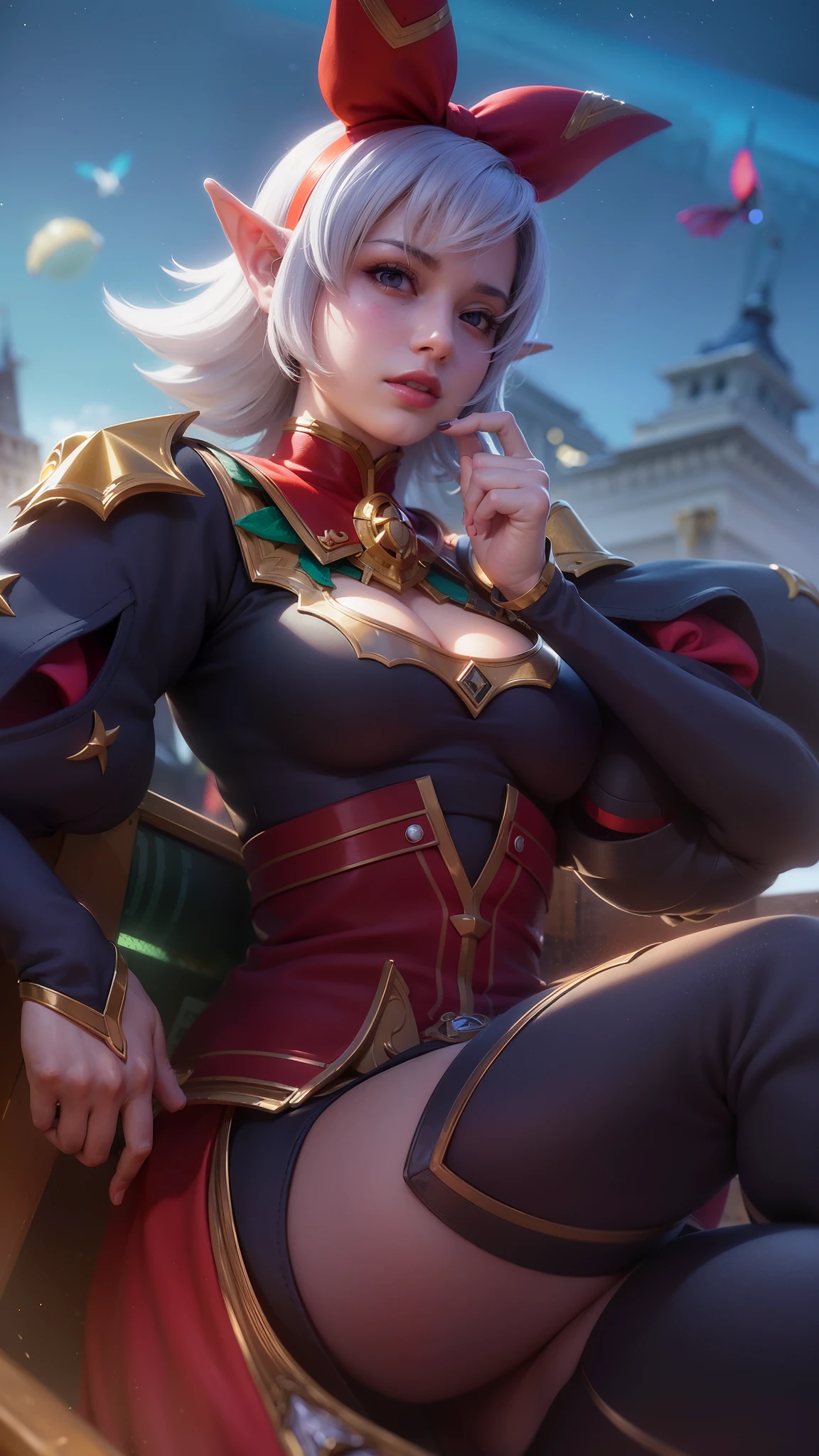 (female:1.2), 8k, ultra hd, ultra detailed texture, hyper realistic, masterpiece, detailed texture, detailed face, detailed skin, detailed lighting, (photorealistic:1.5), best quality, beautiful lighting, cinematic lighting, professional lighting, ultra highres, realistic, detailed hair, real hair, high quality, (realskin:1.5), extremely detailed, finely detail, ultra-detailed, 1girl, solo, floating, (yellow eyes), glowing eyes, red lips, v-shapped eyes, closed mouth, angry, colored skin, dark skin, purple skin, nose, pretty, beautiful, make up, evil smile, short hair, white hair bangs, large breasts, thigh, pauldrons, black pants, belt, purple coat, mechanical wings, armor shoulder, gloves, eudora \(mobile legends\), depth of field, looking aways, skin tight, amazing pose, glowing electric, lighting, cinematic background, elf ear