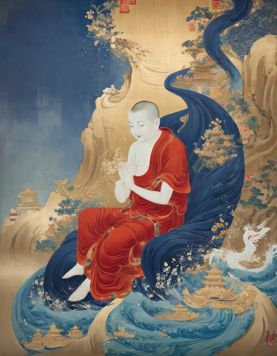 (Very small monk sitting on Guanyin's giant hand), nestled in rolling ripples, Dunhuang art style, illustration,, extremely fine, soft and fluid brush strokes, Chinese red and indigo, with an auspicious cloud pattern drawn on gold leaf in the background. Vintage, shabby, fresco.
