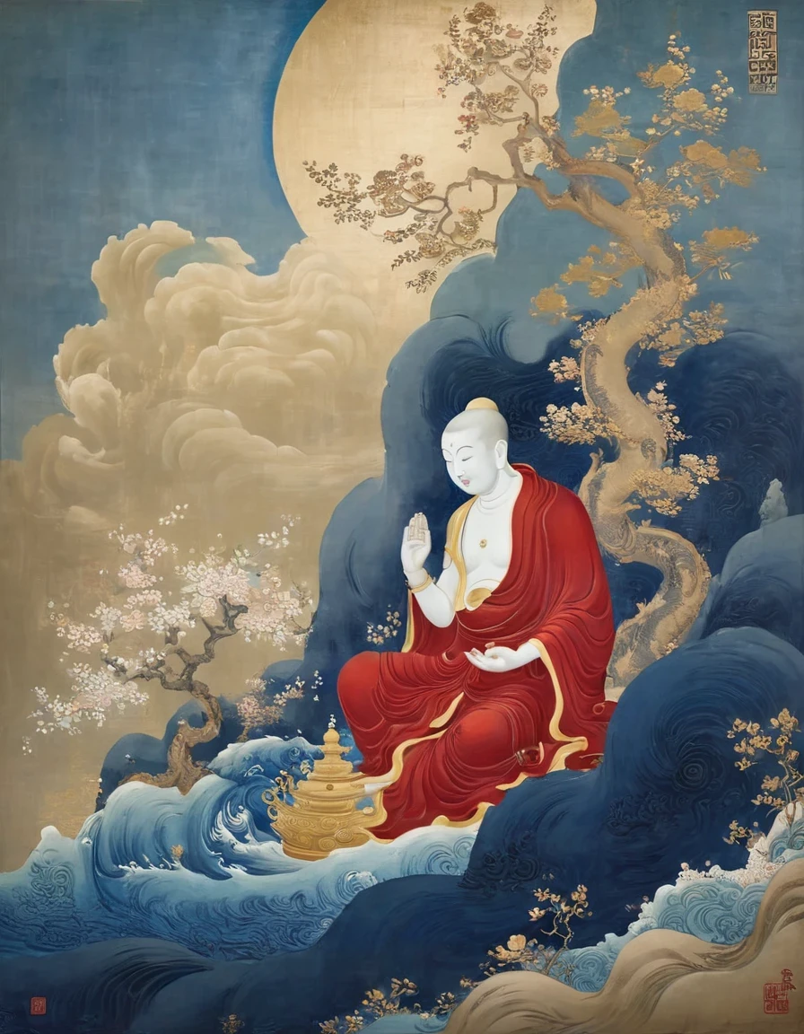 (Very small monk sitting on Guanyin's giant hand), nestled in rolling ripples, Dunhuang art style, illustration,, extremely fine, soft and fluid brush strokes, Chinese red and indigo, with an auspicious cloud pattern drawn on gold leaf in the background. Vintage, shabby, fresco.
