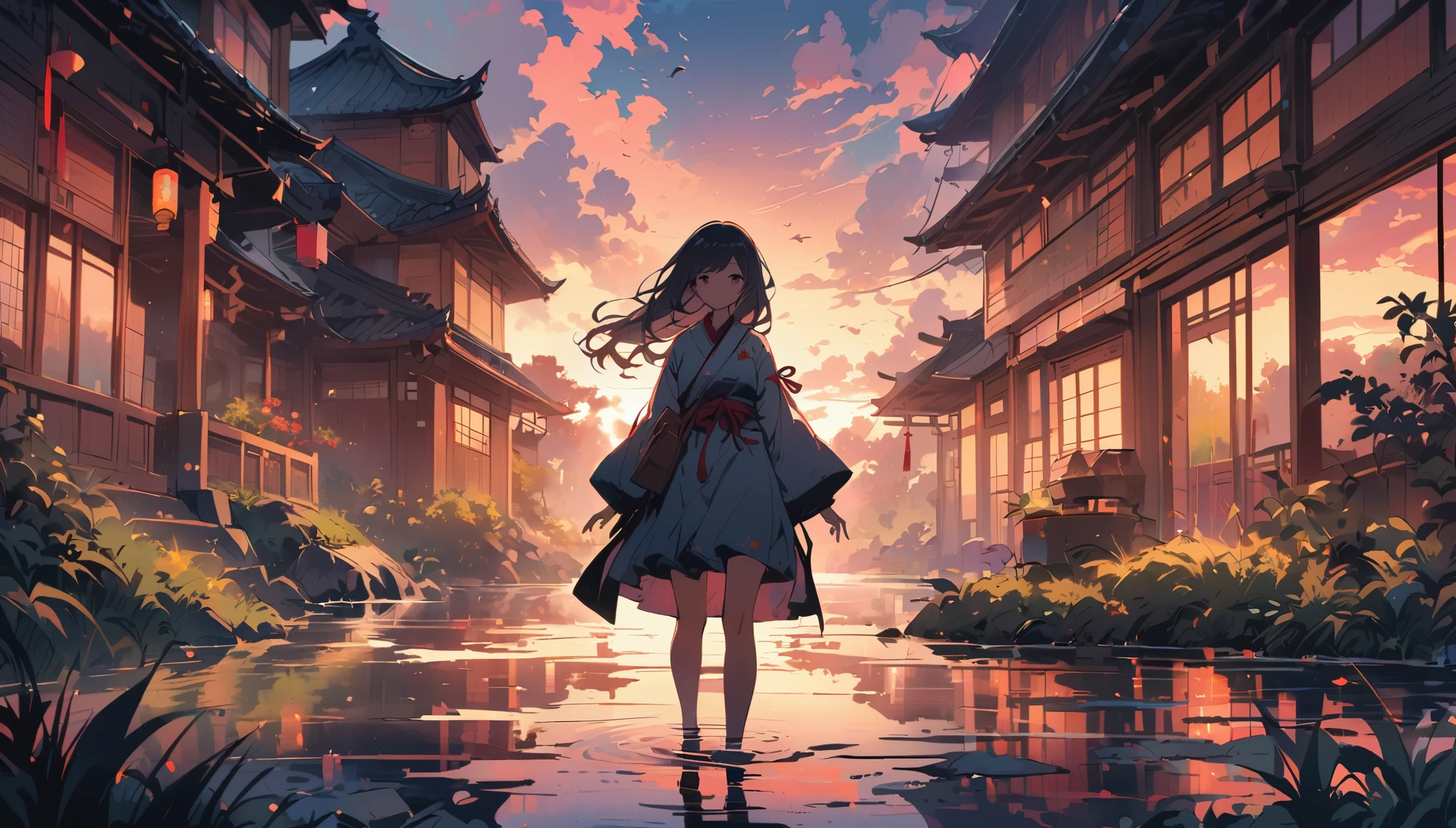 1 girl, focus only, View, very wide lens, landscape, east asian architecture, Sunlight, sunrise, floating, cloud, Sky, rain, water, whole body, outdoor, landscape, depth of field