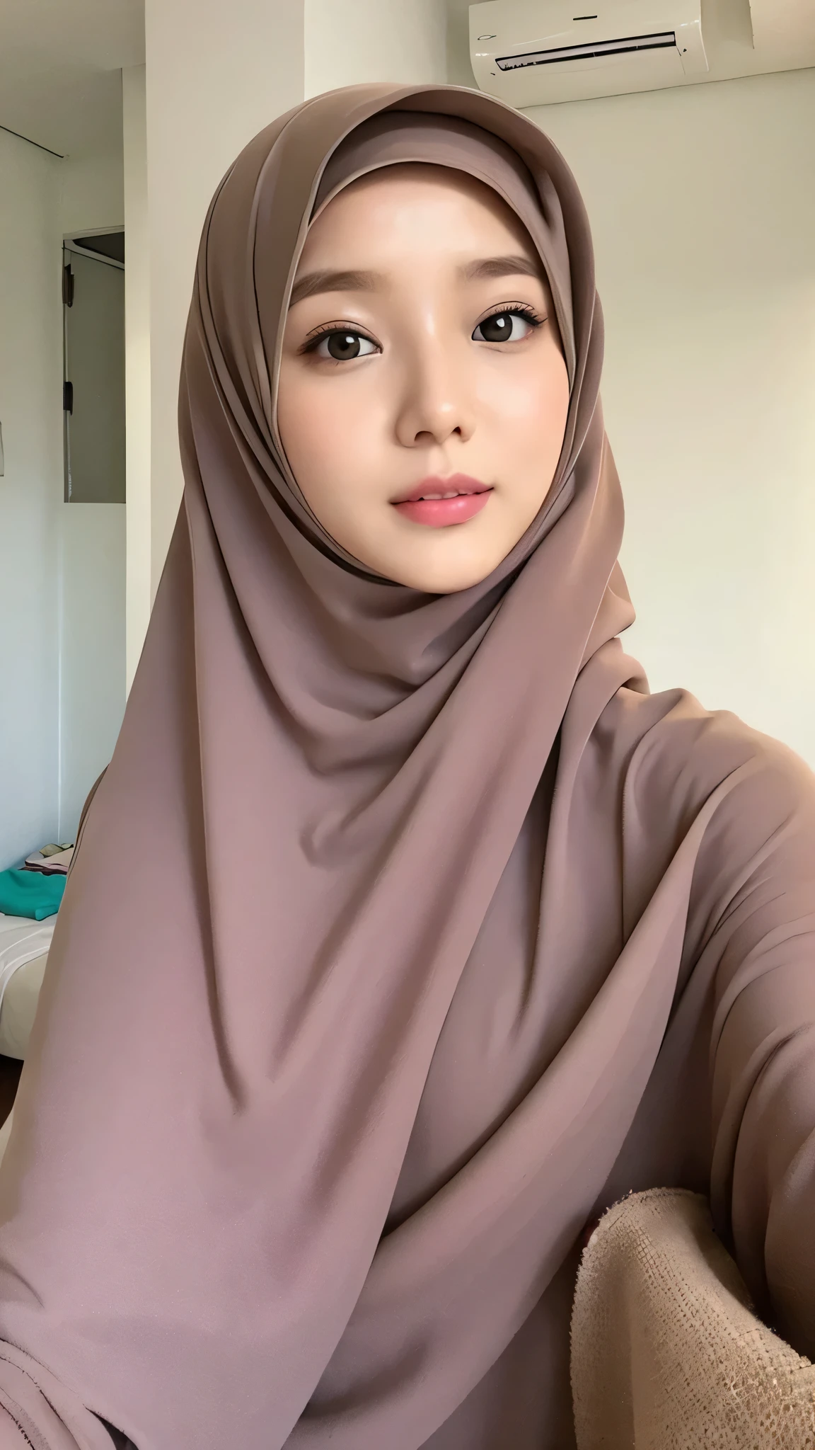 Beautuful Women、hijab, indonesian, a room、selfee、White Room、The face is cute、Vanrak Ayyans appears. beautiful、1 female