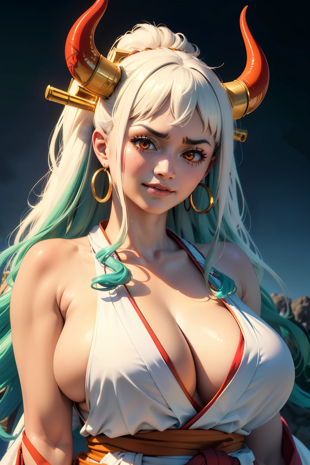 ultra realistic 8k cg, masterpiece, ((ultra detailed background, delicate pattern, intricate detail)), (highly detailed, fine details), best quality, (photorealistic:1.4),beautiful lighting,  absurdres, RAW photo, film grain, ((Big breasts, Masculine girl)), Yamato, long hair, 1girl, horns, white hair, solo, oni, red horns, curled horns, hair ornament, (multicolored horns), jewelry, earrings, japanese clothes, kimono, hair stick, sleeveless, bare shoulders, aqua hair, sidelocks, hoop earrings, hakama, smile, wide smile, ((orange eyes, Masculine girl, Big breasts)), (complex detailed background, barren land, moon, portrait, close-up),show tits