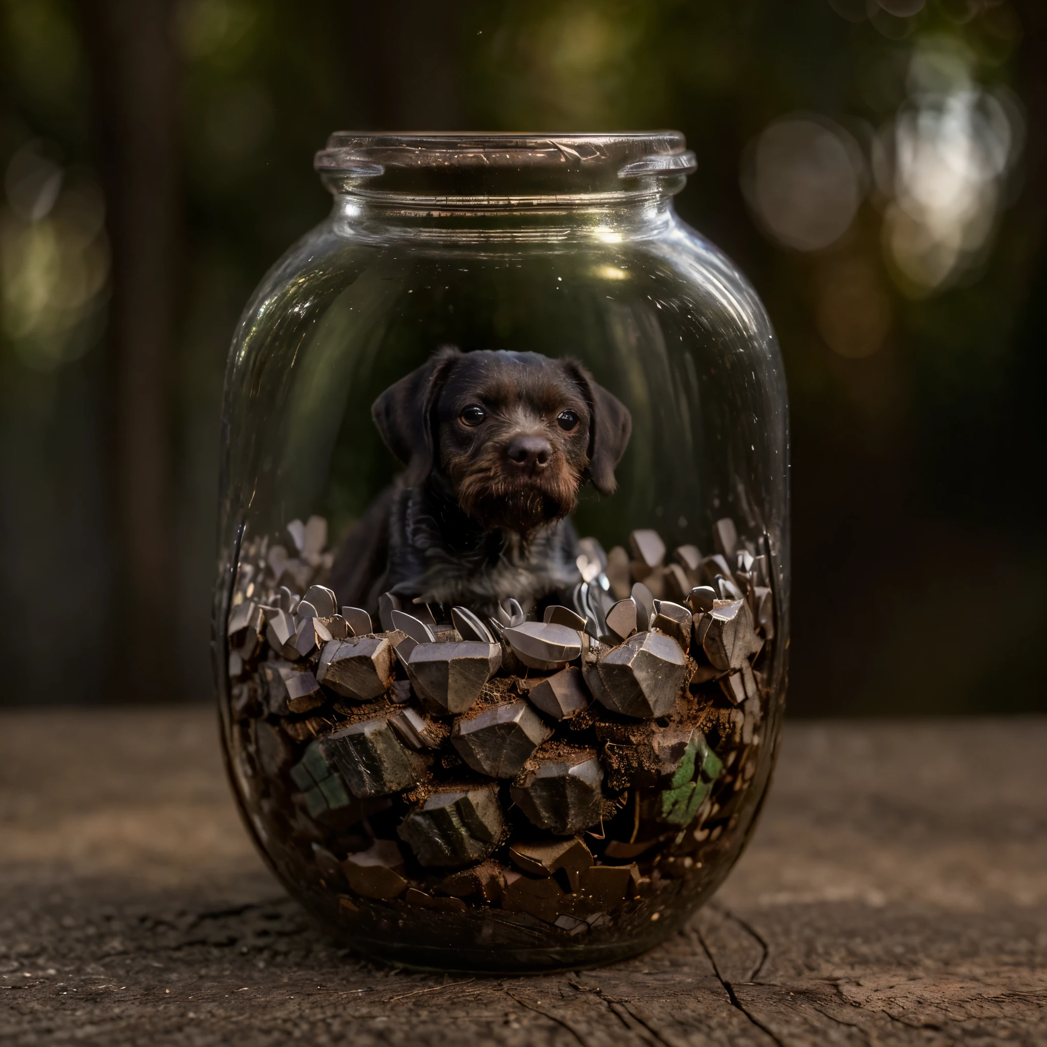 (An intricate minidog drahthaar trapped in a jar), atmospheric oliva lighting, on the table, 4k UHD, dark vibes, hyper detailed, vibrant colours forest background, epic composition, octane render, sharp focus, high resolution isometric, (film grain:1.3), The light is sparkling, high quality photography, 3 point lighting, flash with softbox, 4k, Canon EOS R3, HDR, smooth, sharp focus, high resolution, award winning photo, 80mm, f2.8, bokeh