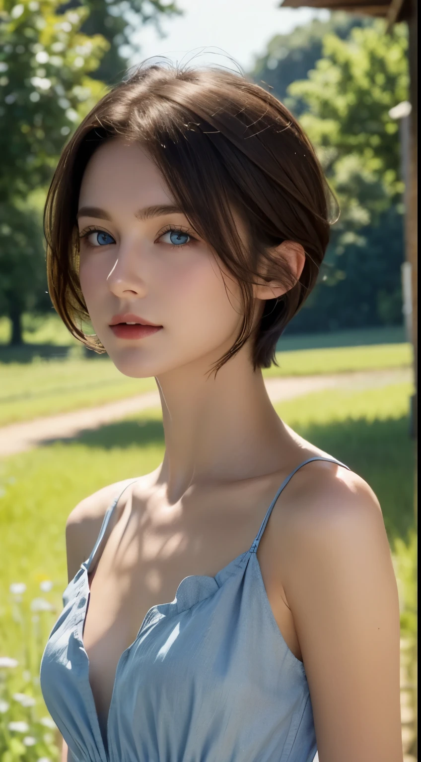 countryside風の服 :1.2, View your viewers, Cinema Lighting, perfection, Soft Light, High Resolution Skins:1.2, Realistic skin texture, 24-year-old female、Small Face、No makeup,Bust B cup、Small cleavage, blue eyes, short hair, Dark brown hair、countryside、