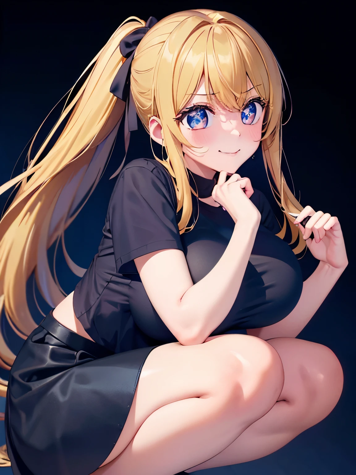 1woman,super beautiful,Morning,squat,half body photo,Beautiful eyes, very detailed face,Pouting lips,cute, HD face, perfect face,black t-shirt,black mini skirt,Very big breasts,Blonde hair,long hair,wavy hair,bangs,blue eyes,ultra detail,ultra Hd, masterpiece,4k