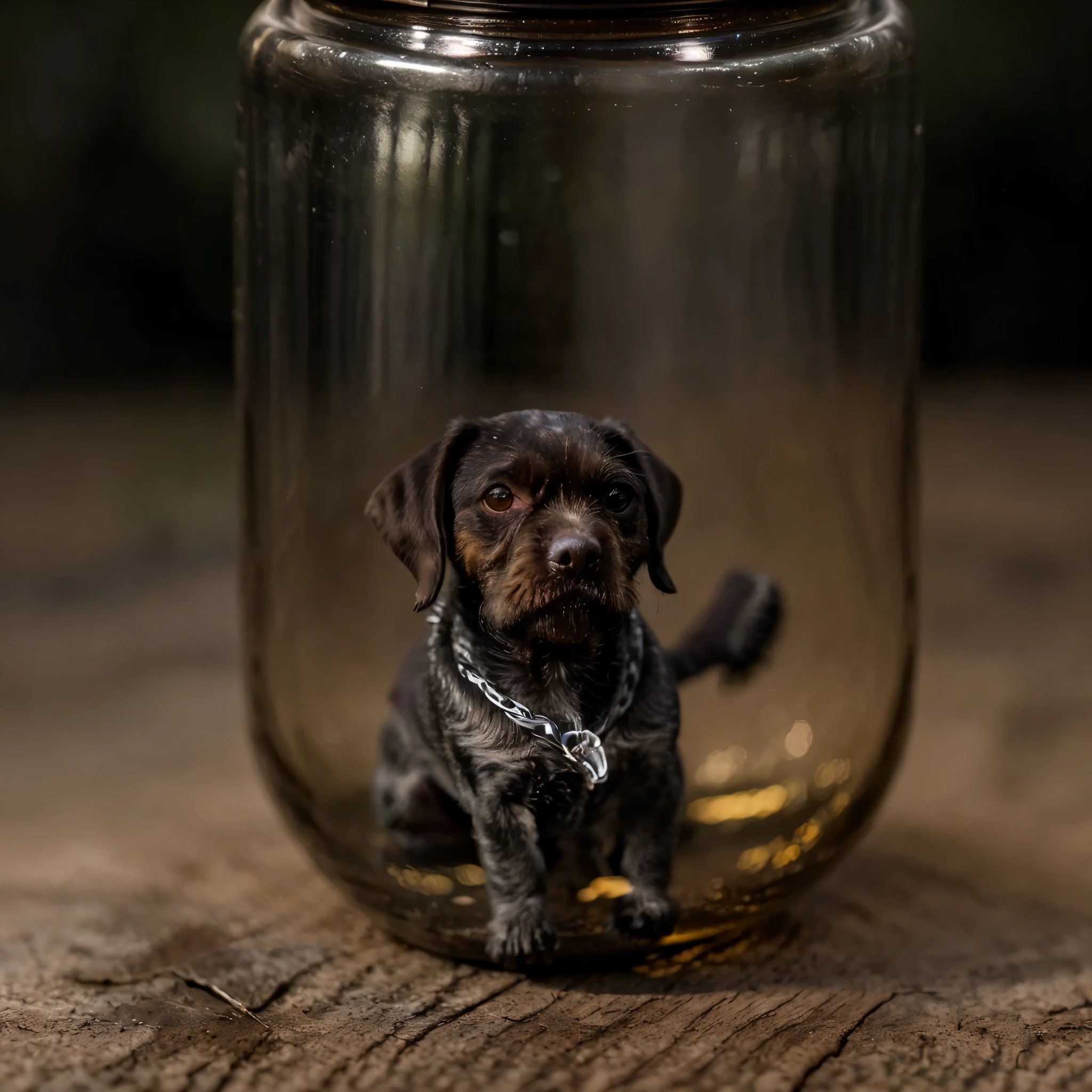 (An intricate minidog drahthaar trapped in a jar), atmospheric oliva lighting, on the table, 4k UHD, dark vibes, hyper detailed, vibrant colours forest background, epic composition, octane render, sharp focus, high resolution isometric, (film grain:1.3), The light is sparkling, high quality photography, 3 point lighting, flash with softbox, 4k, Canon EOS R3, HDR, smooth, sharp focus, high resolution, award winning photo, 80mm, f2.8, bokeh