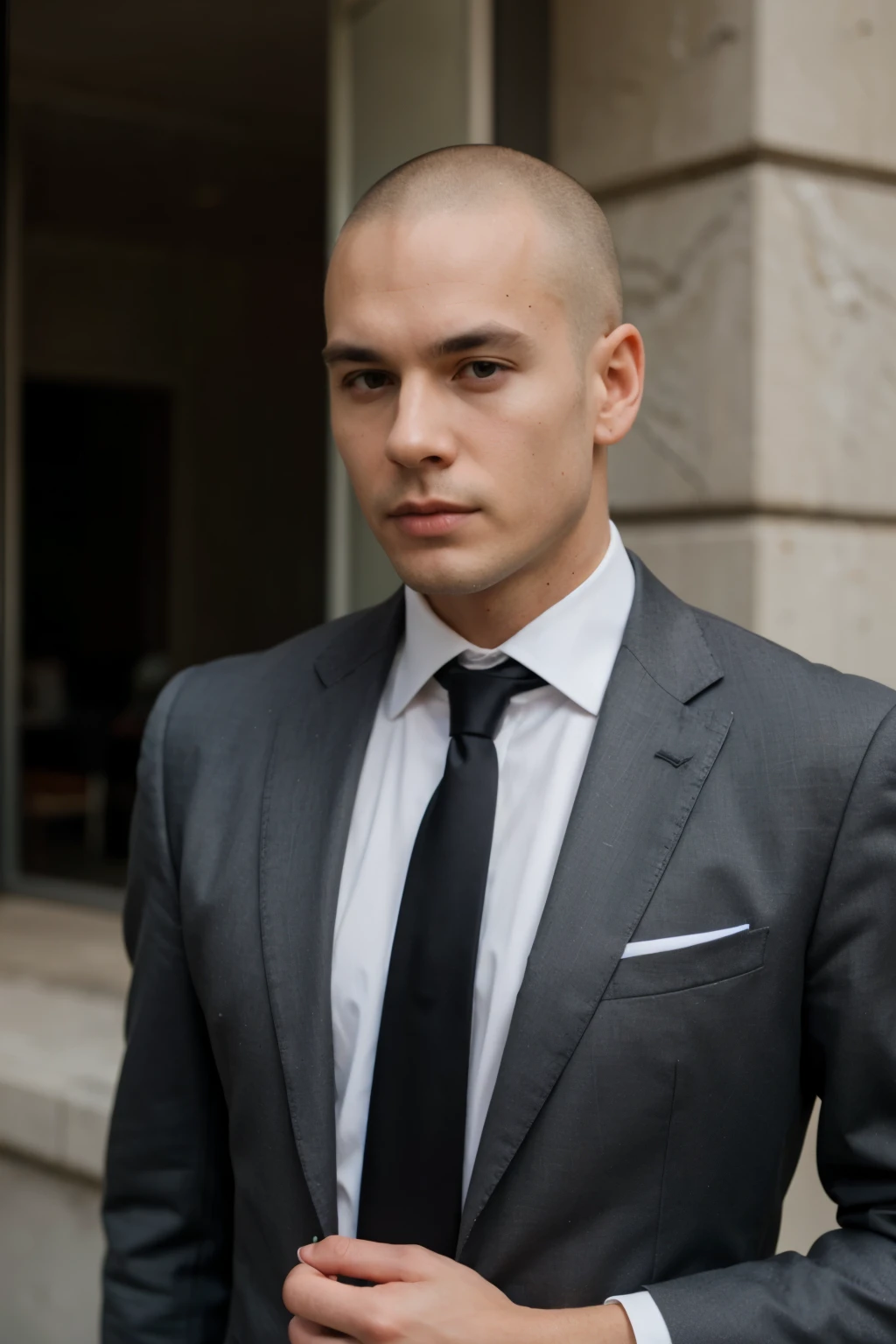 Man in suit and tie, shaved head