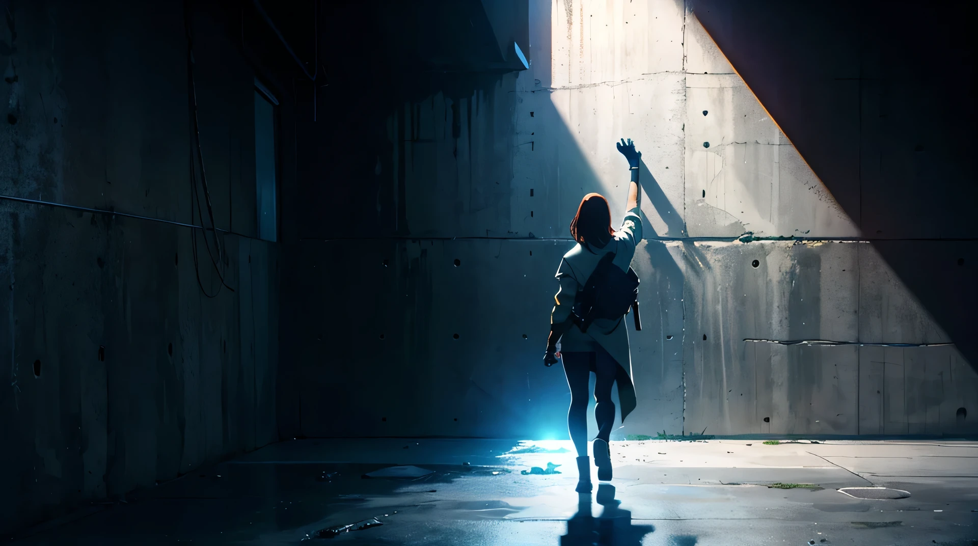 high resolution,high quality,High definition，woman，back view，raise one arm，concrete wall