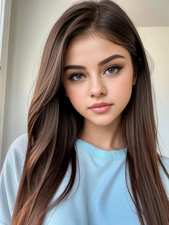 bule、full bodyesbian、bustup、photo of a Young Selena Gomez、model shoot tyle、brown haired、shorth hair、(Look at viewers:1.2)、(Detailed pupils:1.3)、(natural soft light)、(charming)、 [:(film grains、25mm、f / 1,2、DoF、bokeh dof、beautiful face、super-detaild skin、Perfect glowing eyes、skin pore、Soft hair、Muscle tone and definition、Stitching of the fabric、Fabric texture、wood grain、Stone texture、Well-defined pupils、Prominent marginal rings、 High contrast eyes、Detailed features:0.7):0.7]