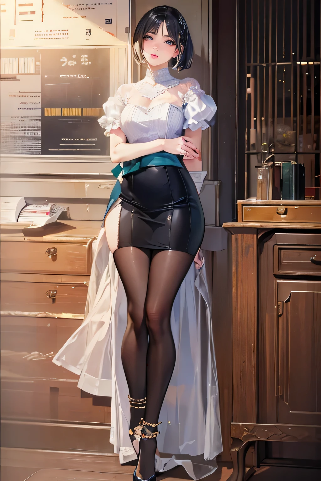 Around 30 years old, (Elegant and well-proportioned body shape), (high heels), (bob hair), (garter stockings and anklets), (spread your legs), wince,(orgasm:1.5),waiting for tongue,(Delicate and elegant light makeup), Delicate and beautiful fair skin, Detailed facial description with double beautiful eyes, Gentle eyes that shine with youth and innocence, Expressing the amazing beauty of youth, Adorable Japan Woman, A beautiful portrait that captures her enchanting charm. (8K, highest quality, masterpiece: 1.2), (Realistic and photorealistic: 1.37), (to office)