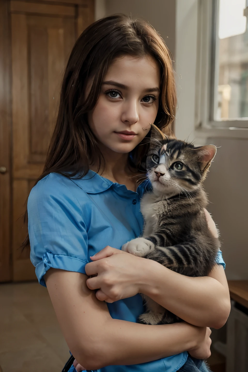 A  wearing a blue blouse hugs a kitten (Melhor qualidade, 4K, high resolution, obra de arte:1.2), capturing the youth and innocence in your eyes, (realista, photorealista:1.37) estilo pixar.