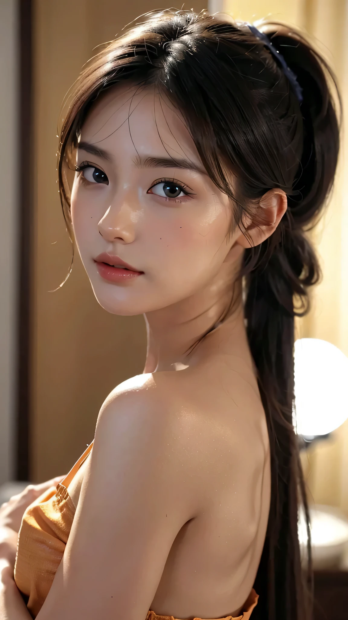 One woman,fully body photo,masutepiece, The highest image quality, High quality, the background is clear，Beautiful woman, Japanese, Detailed, Detailed eyes, Detailed skin, Beautiful skin, 超hight resolution, (reality: 1.4),Very beautiful woman, Slightly younger face, Beautiful skin, slender, (Ultra photo realsisim), (hight resolution), (8K), (Very detailed) (beautifully detailed eyes), (super detailed),   (Detailed face), view the viewer, Fine details, Detailed face, Staring straight ahead, Staring straight ahead, photos realistic, Bright lighting, Professional Lighting, Black hair,poneyTail,a ,sixteen ye is ponytail,long ponytail hairstyle,slight smile,Orange colored long dress with lots of ruffles, softly shaped skirt,Spotlight on stage,close-up of face, 