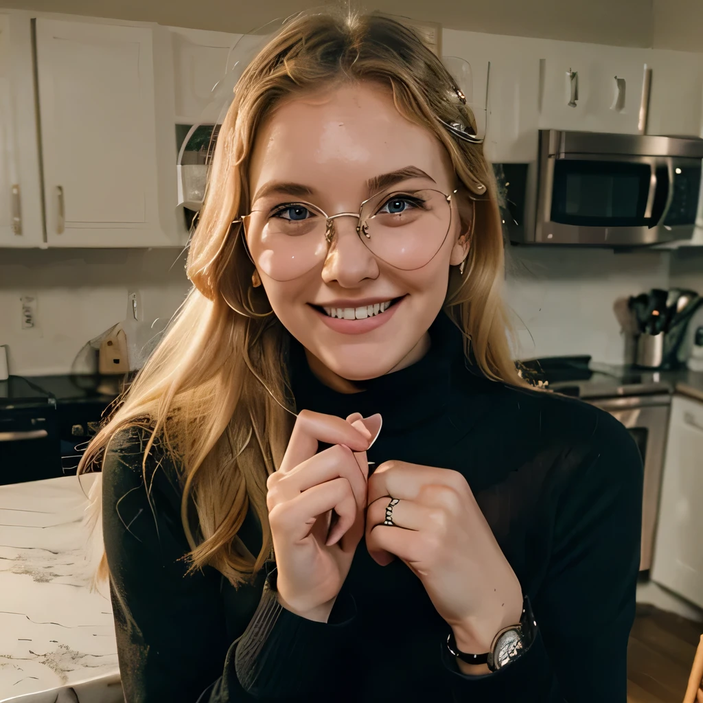 Blonde girl, 23 years old, blue eyes, freckles, American, heart shaped face, laughing, wedding ring, kitchen, turtleneck, thin eyeliner, thin glasses