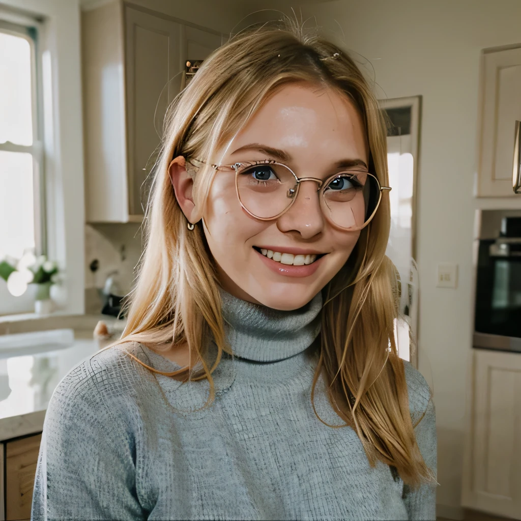 Blonde girl, 23 years old, blue eyes, freckles, American, heart shaped face, laughing, wedding ring, kitchen, turtleneck, thin eyeliner, thin glasses