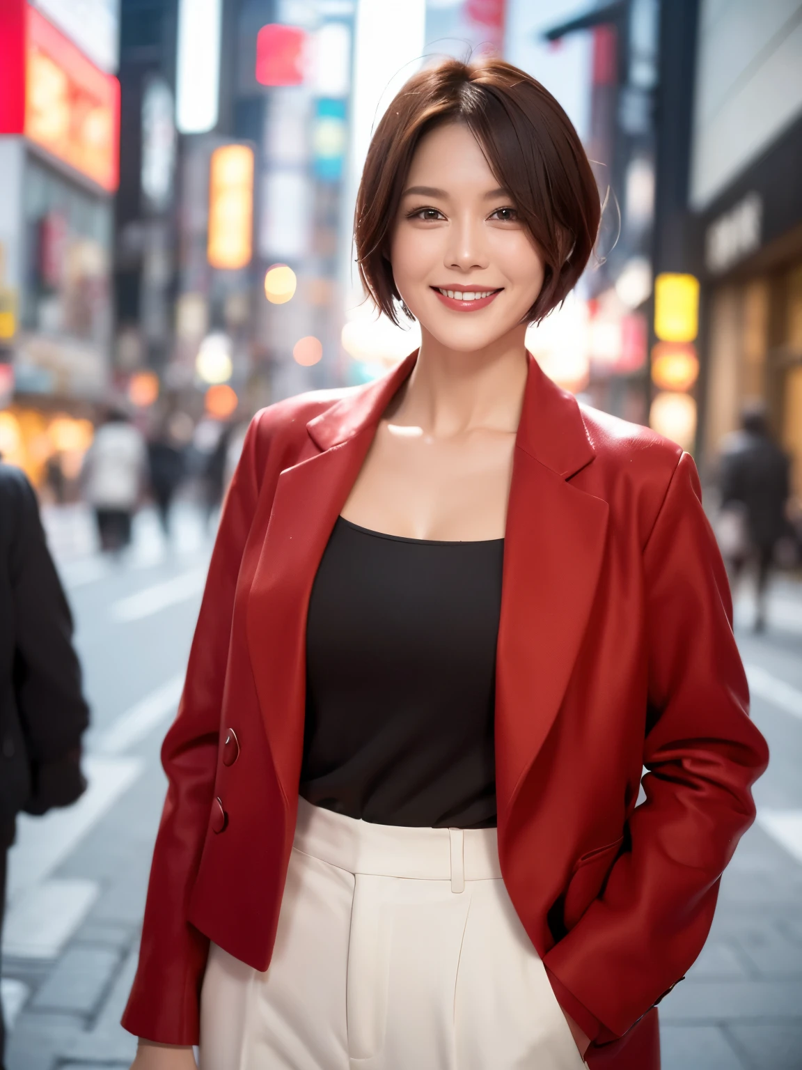 （38 years old), （red wool jacket）,（white wool pants）、（white ruffle blouse）, double eyelid, eyelash, Red lip gloss, (smile:1), ((close your eyes:0.85)), (looking at the viewer、Are standing), (From above:0.2)、尖ったred mouth、(reddish brown wet shiny short hair),red mouth,clavicle、 (Photoreal:1.3),(Raw photo）,(A woman standing on the street in Ginza, In front of department store, Bright sunshine in Tokyo city,Tokyo, Japan) , 8K, Super detailed, highest quality, beautiful skin, anatomically correct, masterpiece , highest quality, cinematic lighting, Use perspective throughout , surrealism , ,(realistic:1. 3),(Raw photo) , black hair, light smile, short hair, bob cut, anaglyph, stereogram, (mature woman:1), (38 years old), ((close:0.5)), glare, double eyelids, lip gloss, (smile:1), ((close your eyes:0.85)), red mouth, clavicle, ((looking at the viewer)), (short hair of reddish-brown color wet and shiny,), (I can see the whole body) , Slightly thick body type , I opened my eyes wide. , perfectly round eyes , fine texture