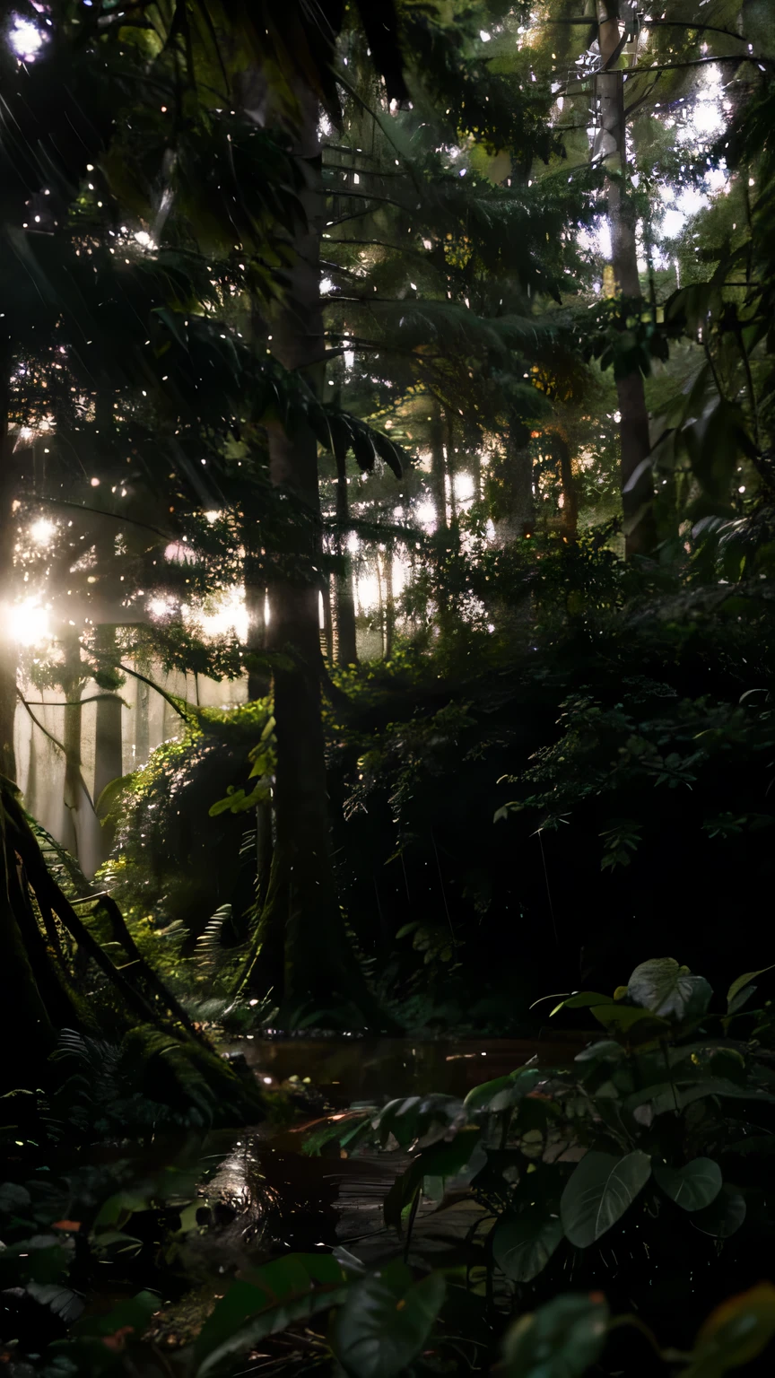POV, forest, rain forest, sunlight, warm, wet, lens flare, RAW photo, film grain, 6pm, low light