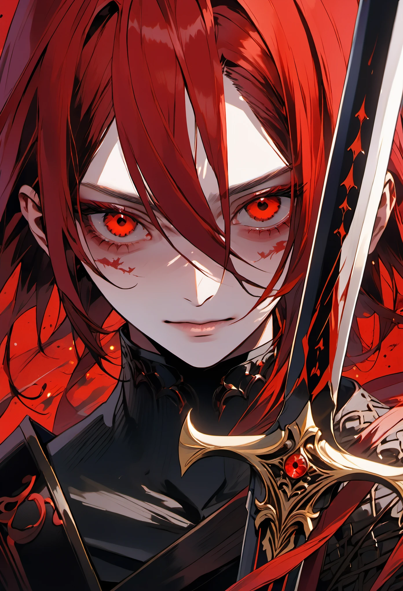 ((8K:1.4)), Impeccable, accuracy, (high resolution:1.2), (Very detailed), high quality, (masterpiece:1.8), ((Extreme close-up of huge sword blade)),(((Very detailed的特写肖像画))),The girl drew her sword,, (pain), (long unkempt red hair), (Red_sclera:1.2), (Blood all over the face:1.6)((anatomically accurate:1.6)),(((evil eye:1.6))), (((深Red宽大剑刃))),(Close-up of part of the broad sword blade),Covering half of the face,((Stand upright in front of your face)),The blade and the face each occupy half of the frame,Red and black blood splatter background,Red-eyed,Red costume,gold embroidery,