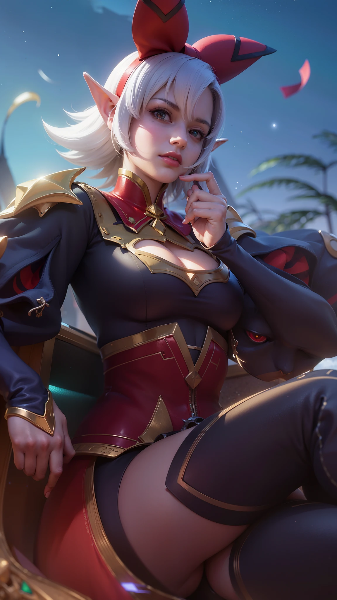 (female:1.2), 8k, ultra hd, ultra detailed texture, hyper realistic, masterpiece, detailed texture, detailed face, detailed skin, detailed lighting, (photorealistic:1.5), best quality, beautiful lighting, cinematic lighting, professional lighting, ultra highres, realistic, detailed hair, real hair, high quality, (realskin:1.5), extremely detailed, finely detail, ultra-detailed, 1girl, solo, floating, (yellow eyes), glowing eyes, red lips, v-shapped eyes, closed mouth, angry, colored skin, dark skin, purple skin, nose, pretty, beautiful, make up, evil smile, short hair, white hair bangs, large breasts, thigh, pauldrons, black pants, belt, purple coat, mechanical wings, armor shoulder, gloves, eudora \(mobile legends\), depth of field, looking aways, skin tight, amazing pose, glowing electric, lighting, cinematic background, elf ear