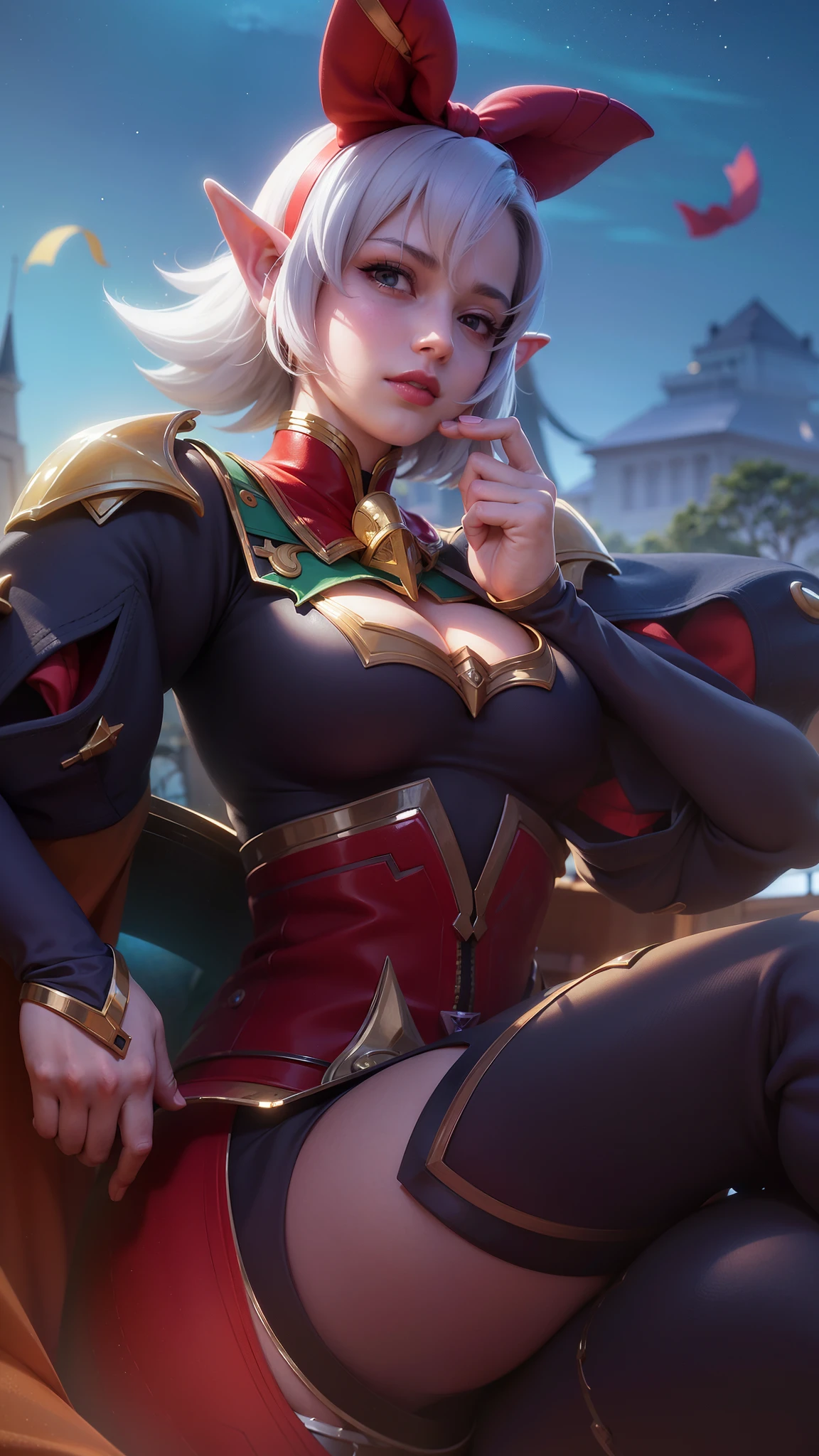 (female:1.2), 8k, ultra hd, ultra detailed texture, hyper realistic, masterpiece, detailed texture, detailed face, detailed skin, detailed lighting, (photorealistic:1.5), best quality, beautiful lighting, cinematic lighting, professional lighting, ultra highres, realistic, detailed hair, real hair, high quality, (realskin:1.5), extremely detailed, finely detail, ultra-detailed, 1girl, solo, floating, (yellow eyes), glowing eyes, red lips, v-shapped eyes, closed mouth, angry, colored skin, dark skin, purple skin, nose, pretty, beautiful, make up, evil smile, short hair, white hair bangs, large breasts, thigh, pauldrons, black pants, belt, purple coat, mechanical wings, armor shoulder, gloves, eudora \(mobile legends\), depth of field, looking aways, skin tight, amazing pose, glowing electric, lighting, cinematic background, elf ear