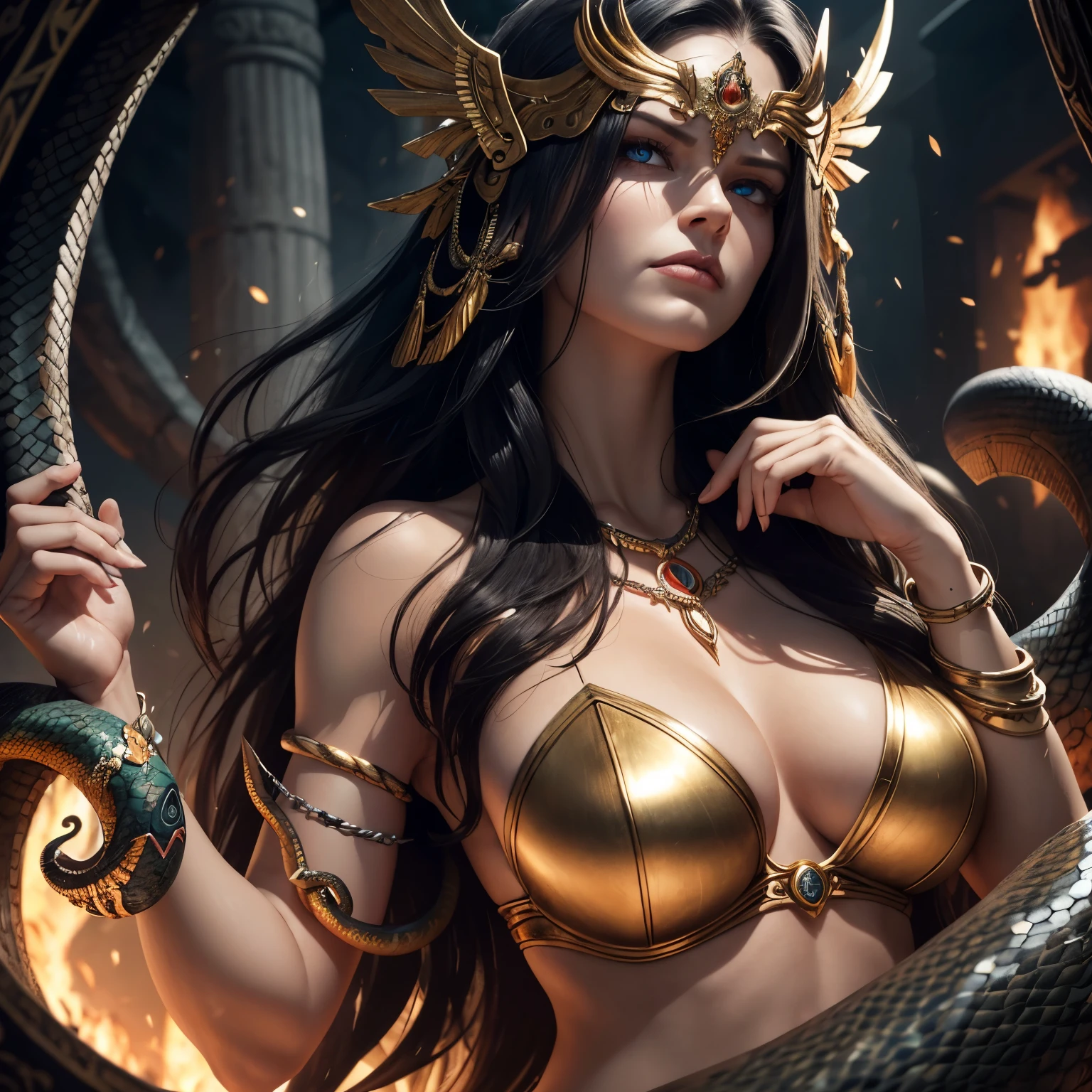 The Triumphant and evil serpent goddess, Echidna, she has stunningly beautiful face, long dark hair, very attractive body and limds, her eyes shine like ice with ruthlessness and sneer, she is very cunning and brutal, she is mocking at the sight of destruction, Greek mythology, Savage and primitive atmosphere, description of ultrra-accurate hands, super detail, Photorealistic, masutepiece, 8K