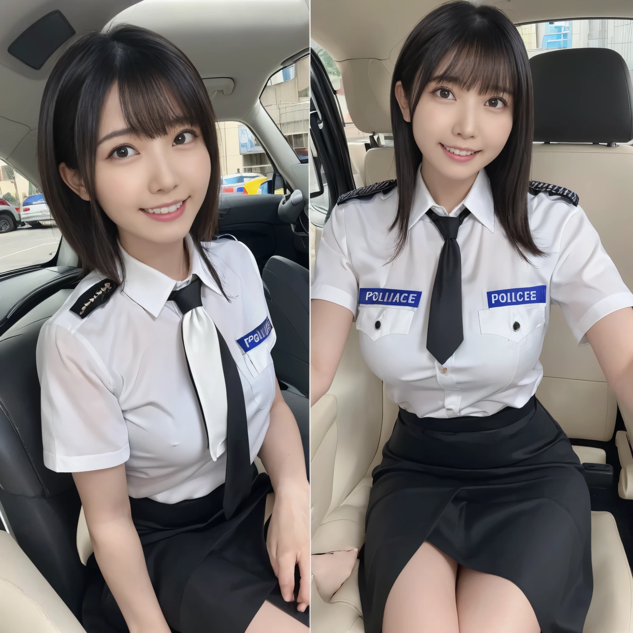 (black hair、 policewoman、tie、black pencil skirt、micro mini skirt、thin white shirt、inside the police car、smile、beautiful teeth alignment、sitting in a chair、short sleeve、clothes are transparent、)professional lighting、slender、adult woman、Big breasts that are about to explode、big ass、seductive thighs、