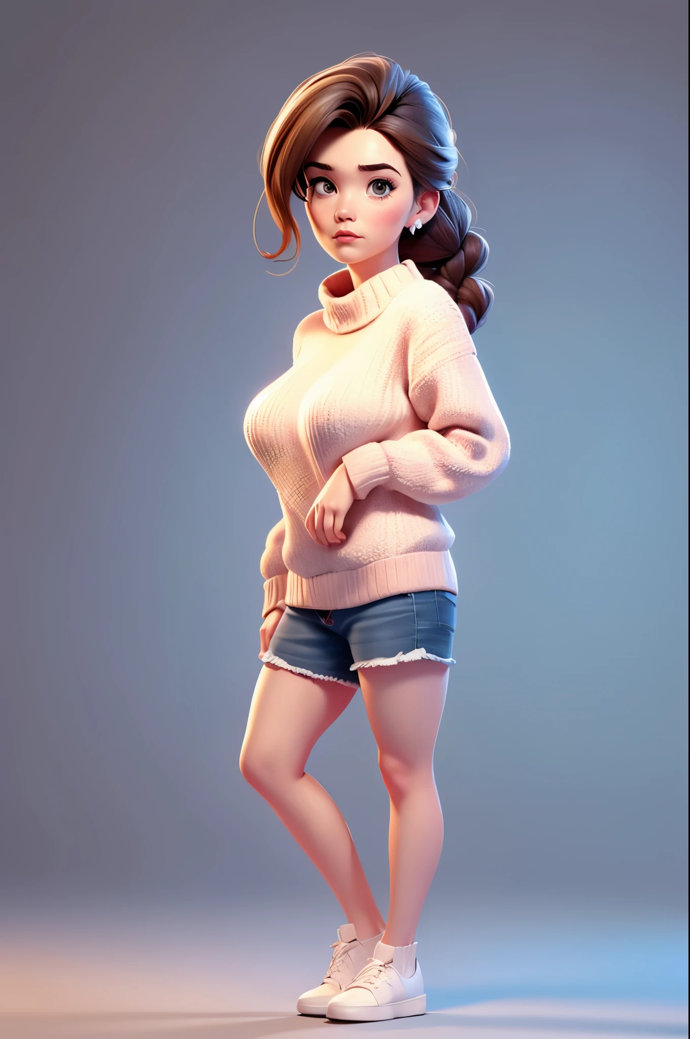 1girl, 3dmm style, 3d character, young, 19 years old, (Kate Winslet : 1.1), Kate Winslet character design, mature female, stylized, highly cartoonish, busty, full body, chubby character, fluffy sexy red-white sweater, cleavage, soft blush, red lips, cute, big head, simple 2 side braid hairstyle, looking at viewer, dark brown hair