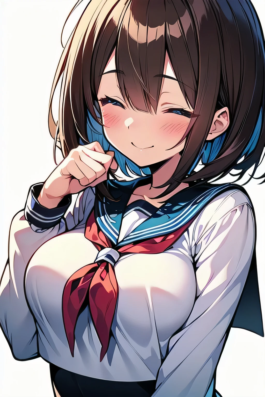 (best quality), (Super detailed), (Best Illustration), ((beautiful girl)), look at viewer, from front, upper body, (long sleeve, white serafuku), ((beautiful medium breasts)), curvy body, ((smile, closed eyes)), blush, brown hair, (bob cut), messy hair, curvy hair, hairs between eyes, blue eyes, white background