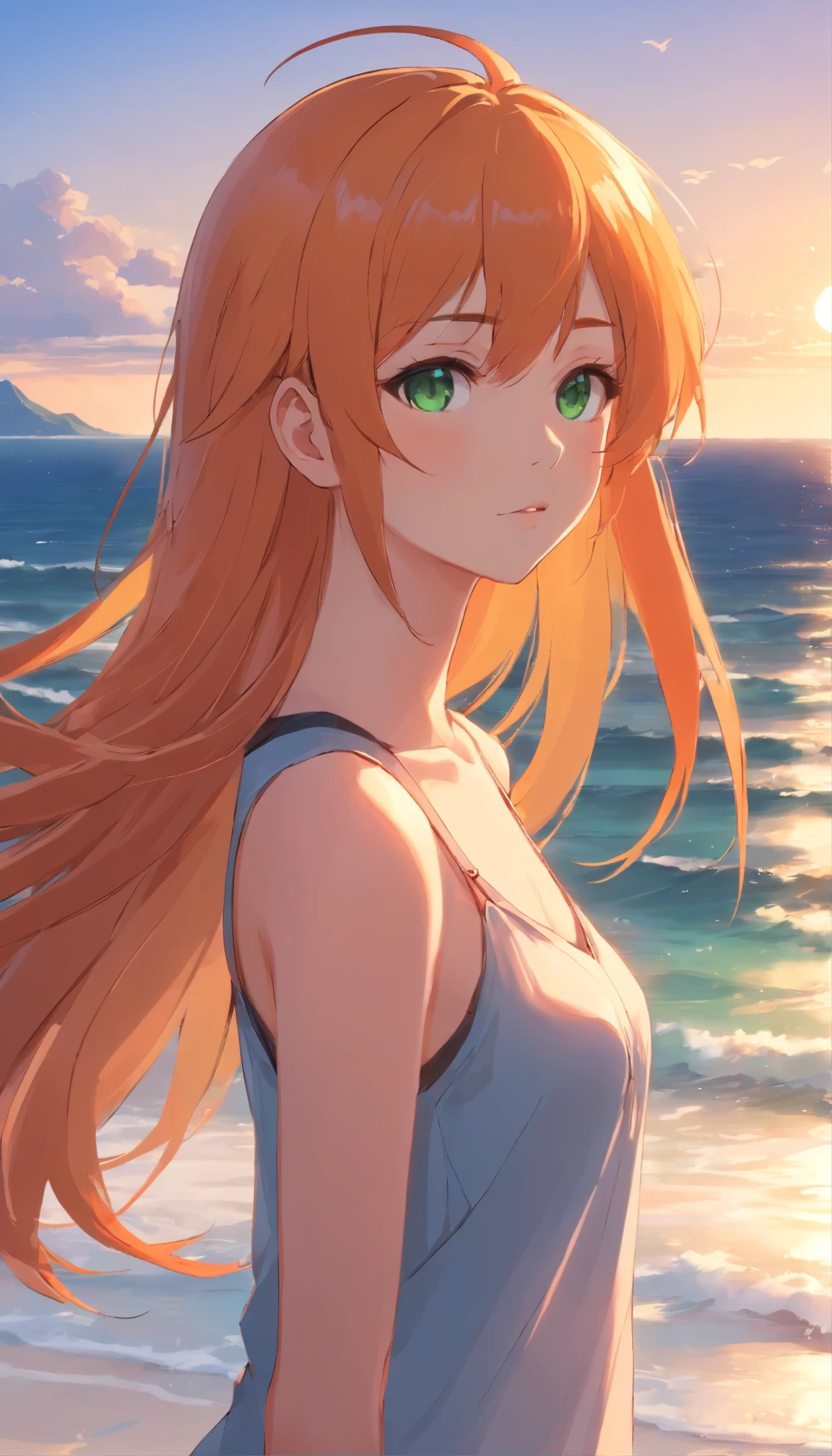 anime girl with long orange hair standing on beach near ocean, green eyes detailed digital anime art, anime girl with long hair, smooth anime cg art, anime girl with long hair, digital anime art, artwork in the style of guweiz, beautiful anime portrait, photorealistic anime girl render, beautiful anime girl, advanced digital anime art, guweiz on artstation pixiv upscale HD UHD HQ