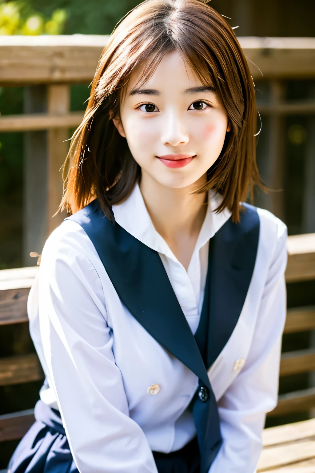 (skin scars:1), (skin dents), black eye, 1woman, 23 years old, (((woman))), alone, realistic,  highest quality, photorealistic, masterpiece, 8K, High resolution, alone, highly detailed face,  (professional lighting, Bokeh), (particles of light, Lens flare, shining particles:0.6), (dynamic pose:1.2), soft lighting, View from above, Fashionable and trendy atmosphere, Japan, Kyoto ((morning)), ((looking at the viewer)), (look at the camera),(portrait:0.6), nice, kneel down, Maintain original facial proportions,  full body,  (small breasts),  (medium hair), Because I&#39;m slender,  long face,  (brown hair:1.5), floating hair, lips, lipstick, seductive smile, teeth, smile, nogizaka46, uniform,  