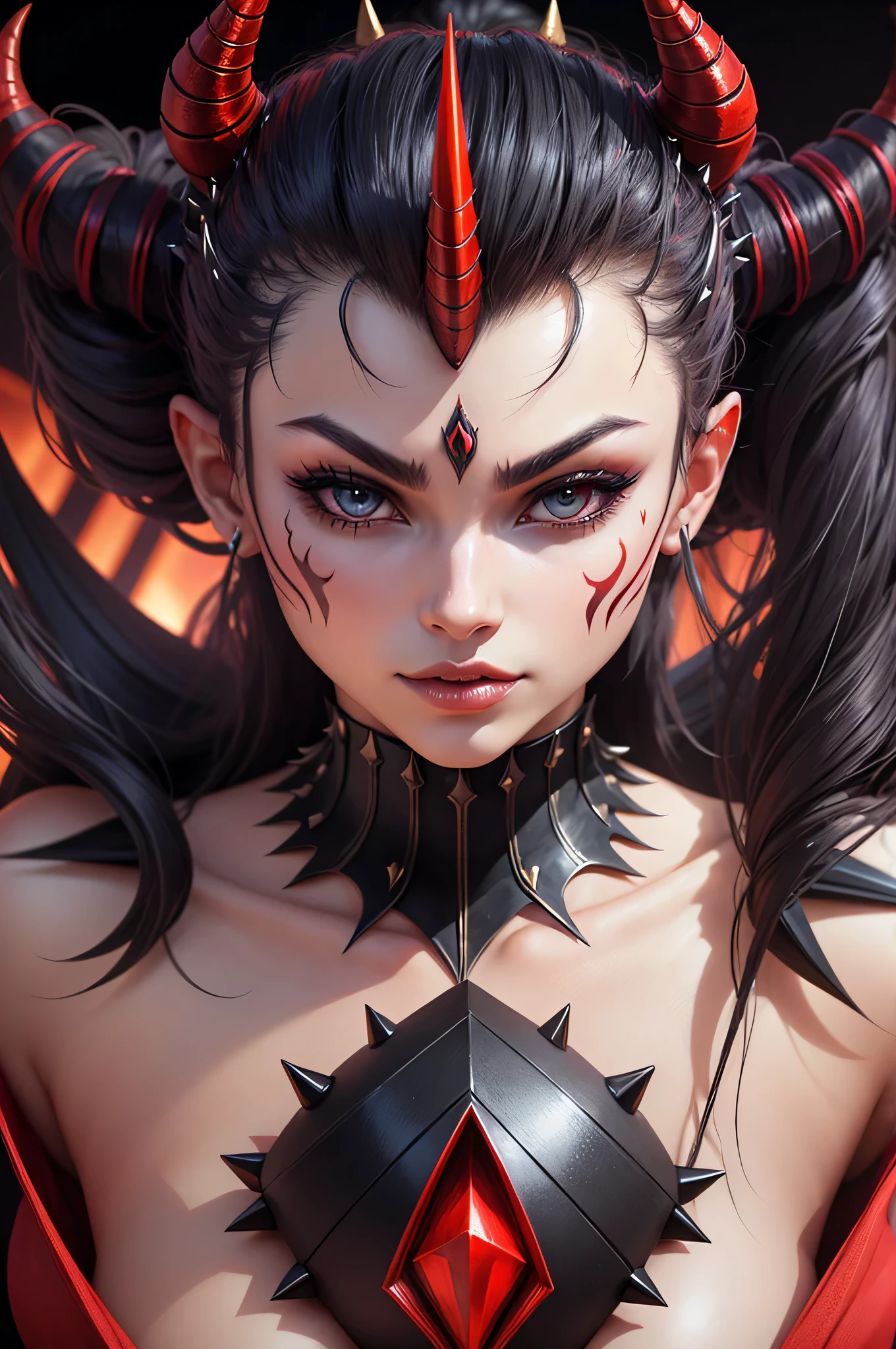 Close-up of a woman with a demon mask and a strange hairstyle, demon, spikes, horns, beautiful demon character design, 3d, high quality, demon masks, transparent mask, spiked mask