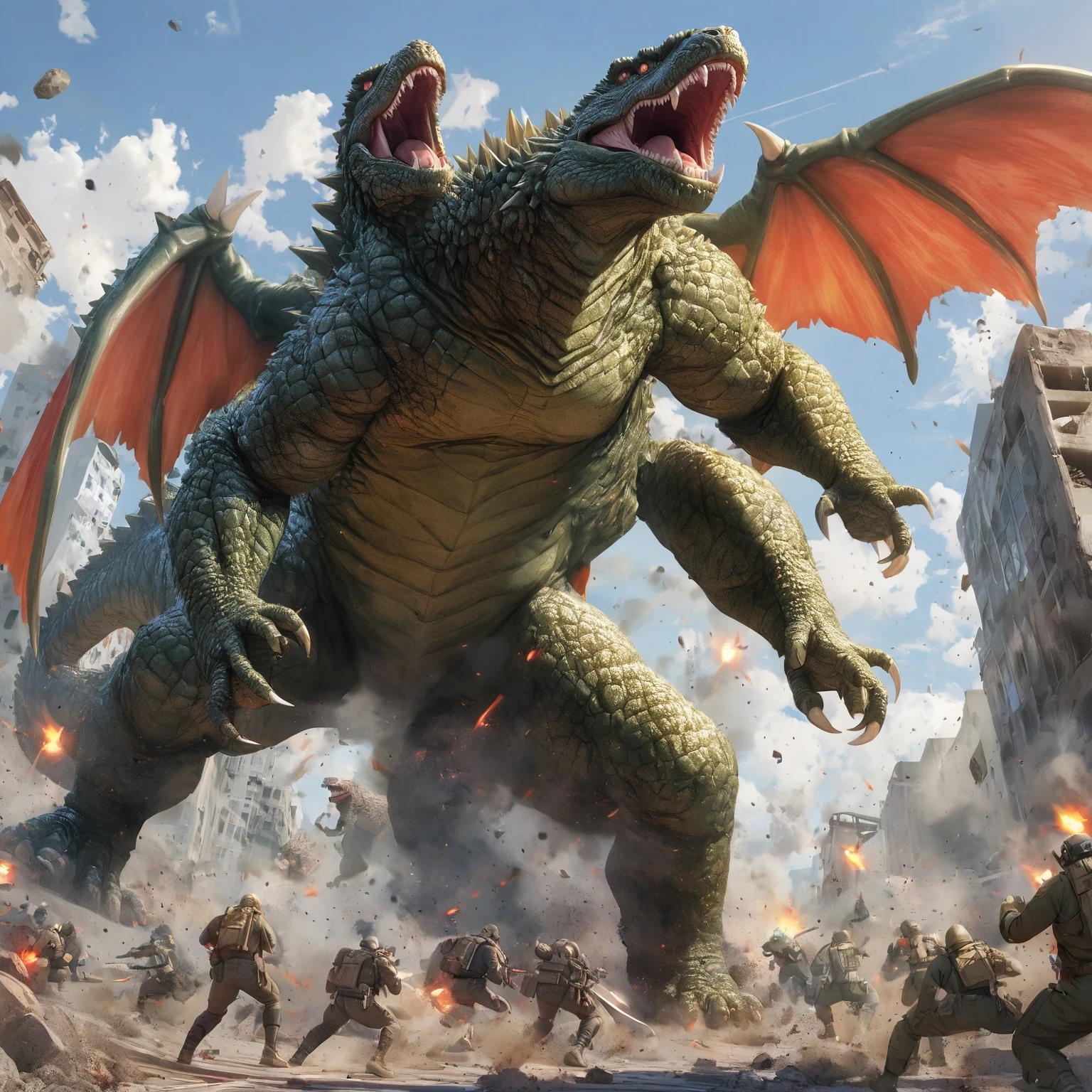 diy1,Godzilla and Kong in power clash, Godzilla's giant wings and sharp claws, Kong waving a huge rock, magnificent battle near skyline, Godzilla's destructive power, Kong's unwavering toughness, city ruins as battlefield, Godzilla's volcanic fume attack, Kong's deft use of tools, clash of their powers, Godzilla's atomic breath, Kong's brave close combat, Godzilla diving from high above, Kong's steadfast gaze, city trembling under their battle, Godzilla's intimidating presence, Kong's fighting strategy, contrasting momentum, Godzilla's roar, Kong's aggressive stance, greatest clash between heaven and earth